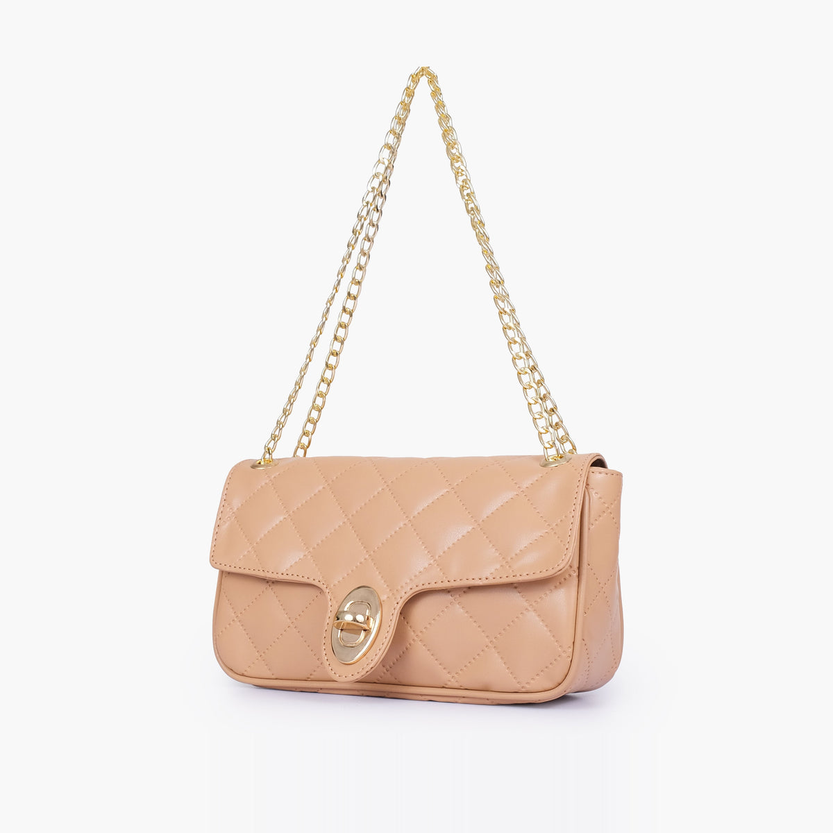 Beige quilted small shoulder bag with chain