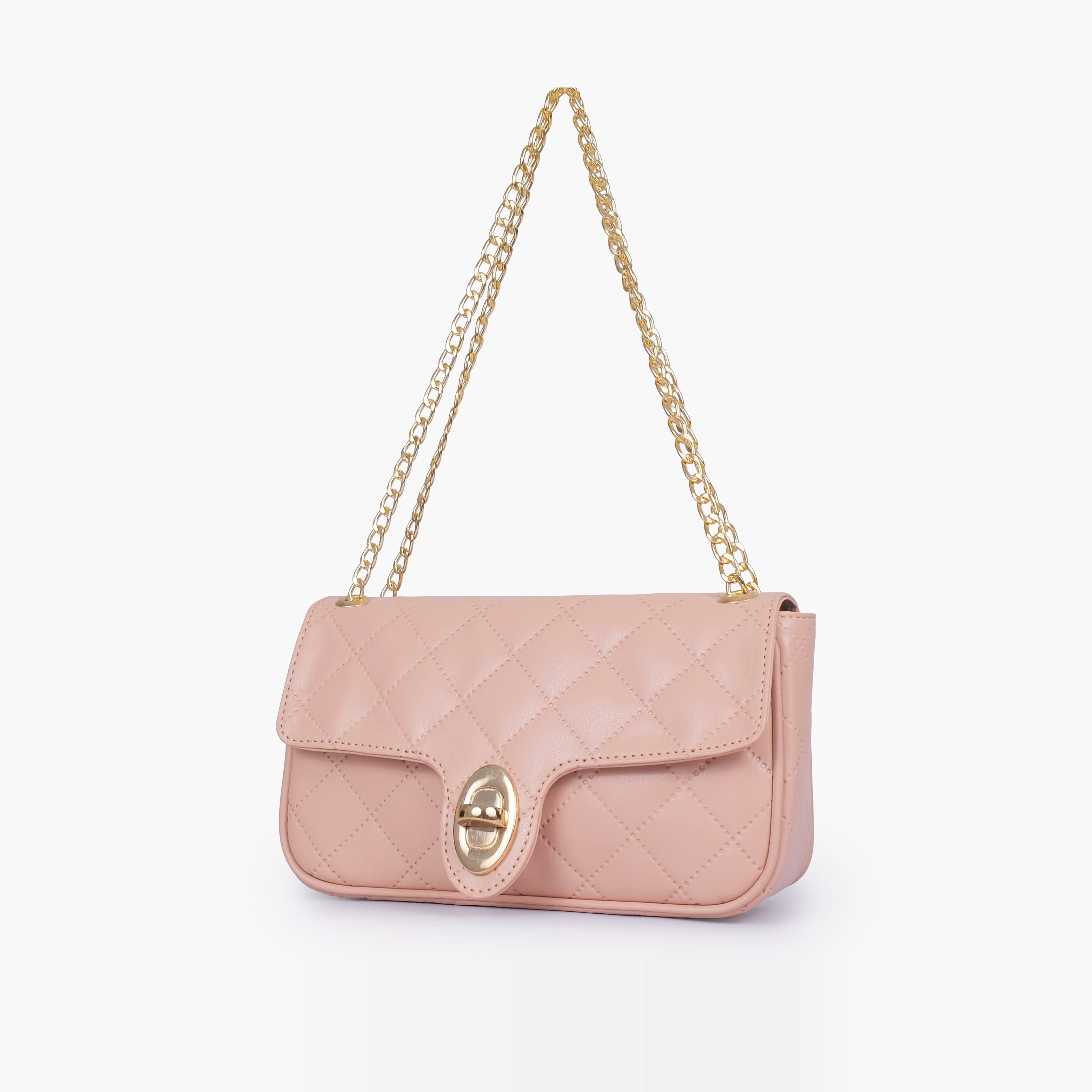 Baby pink quilted small shoulder bag with chain