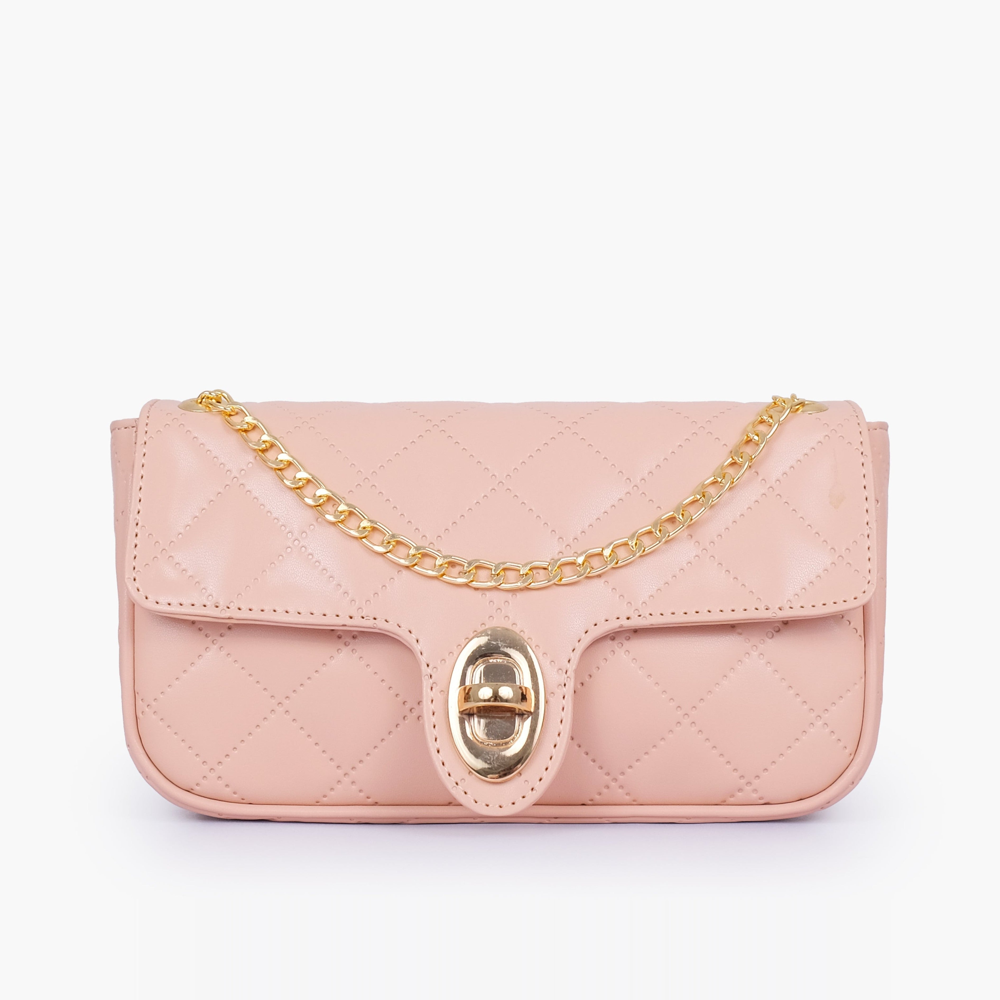 Baby pink quilted small shoulder bag with chain