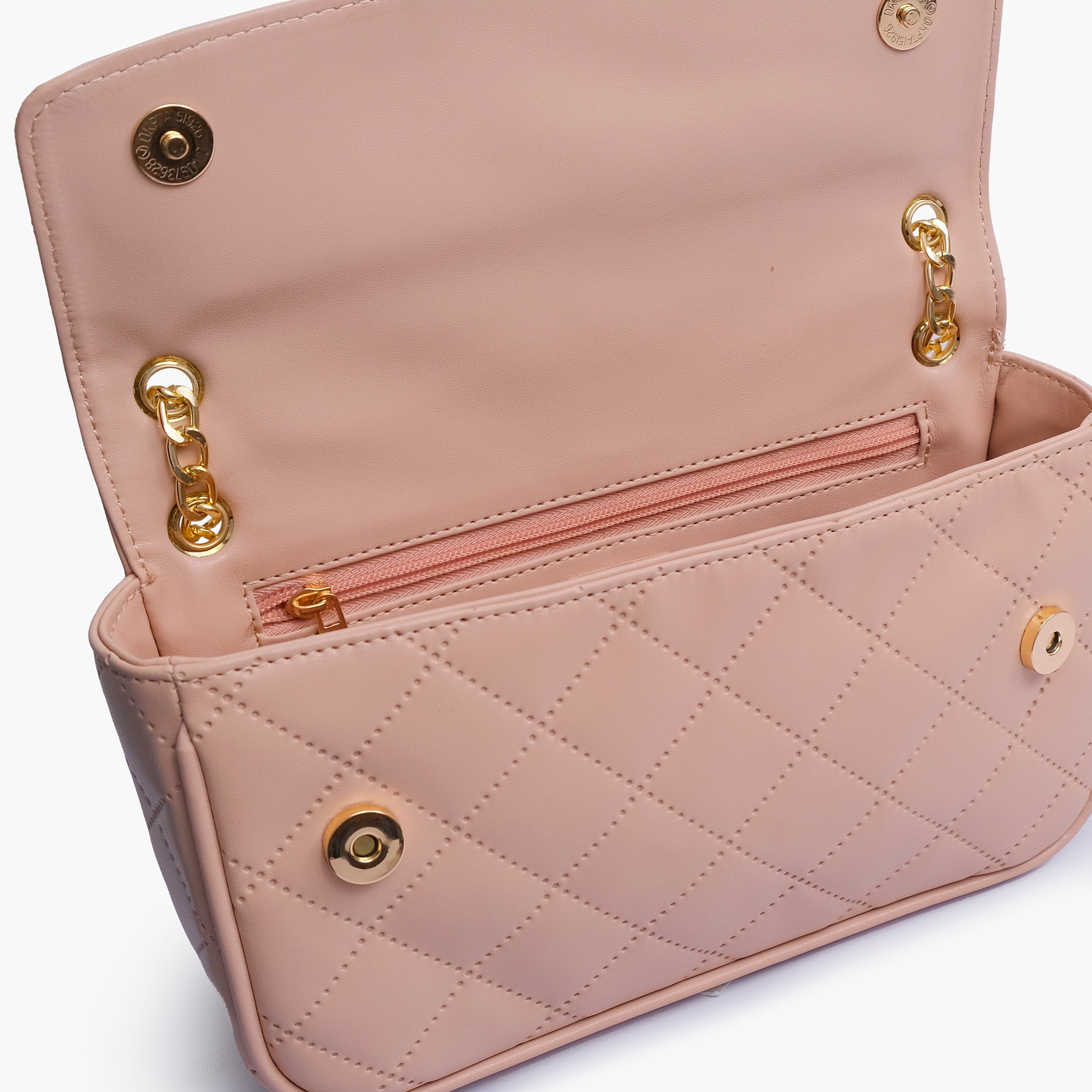 Baby pink quilted small shoulder bag with chain