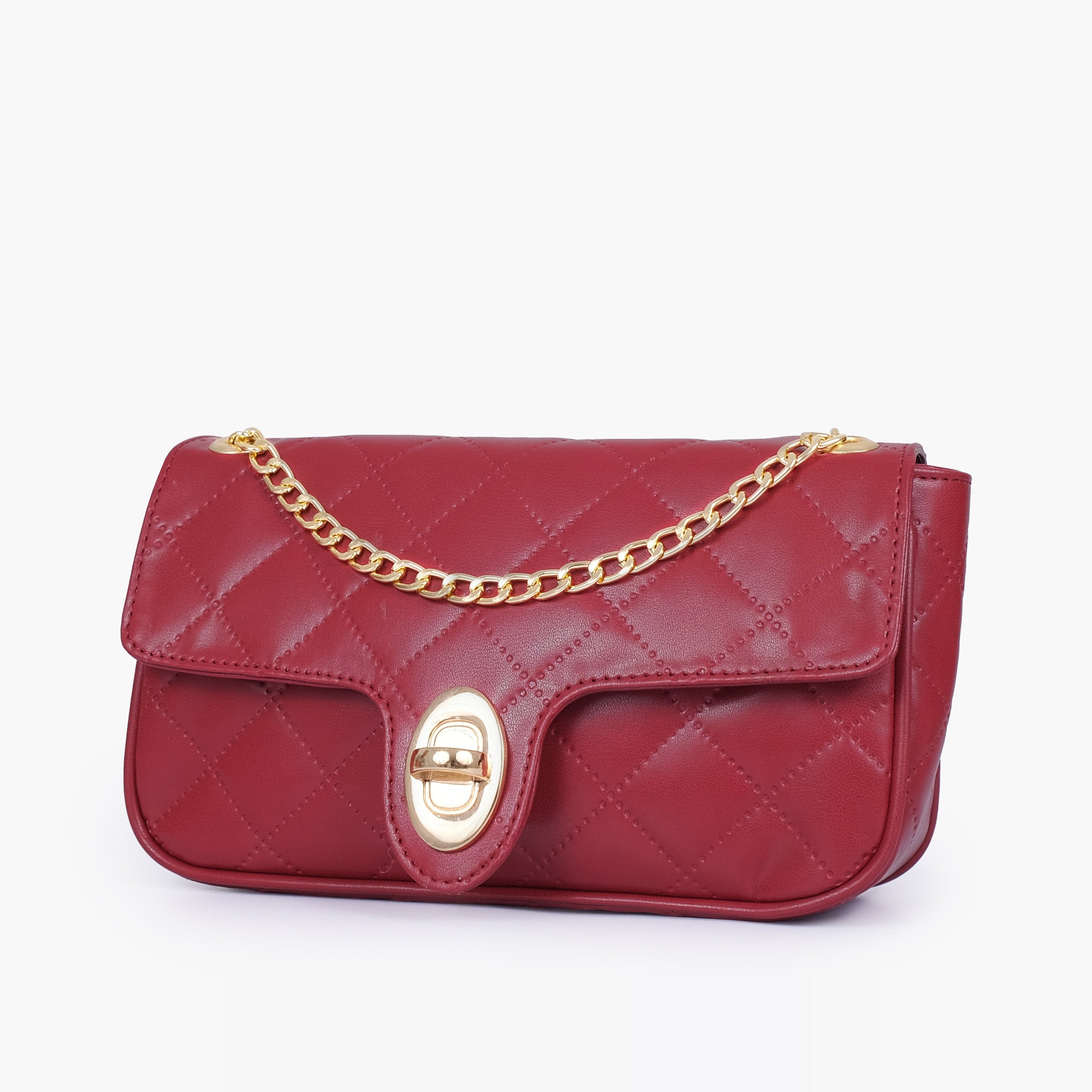 Maroon quilted small shoulder bag with chain
