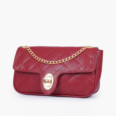 Maroon quilted small shoulder bag with chain