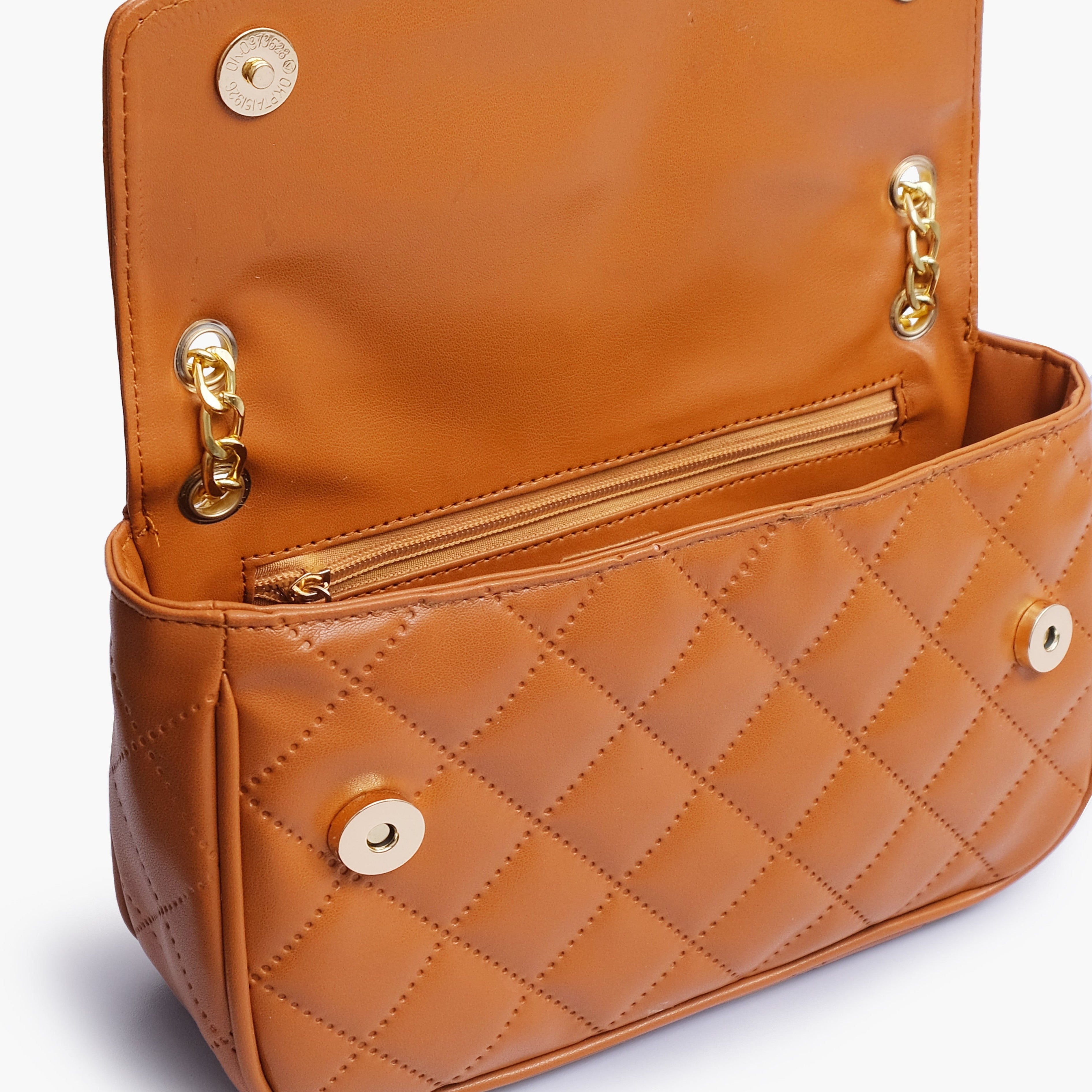 Mustard quilted small shoulder bag with chain