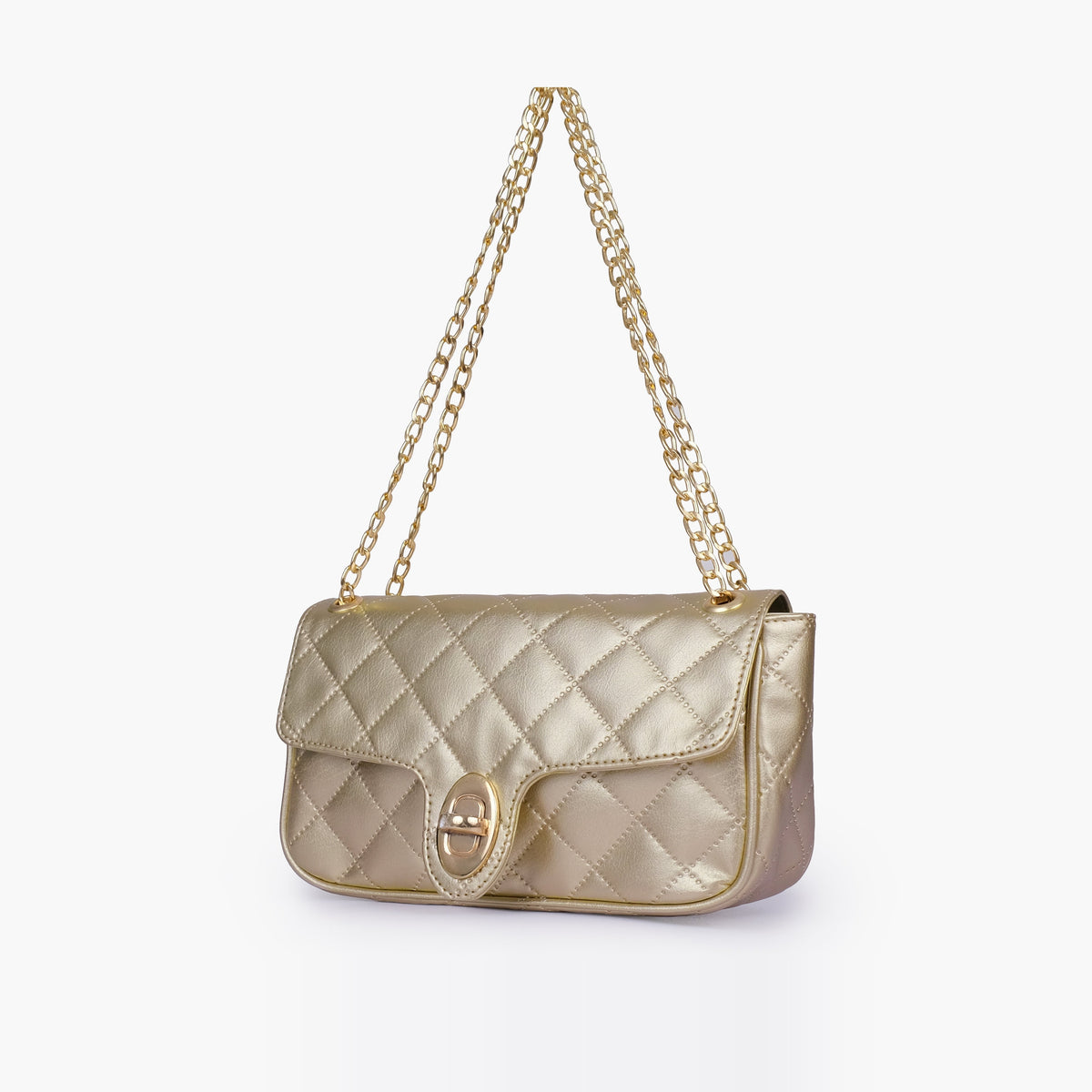 Golden quilted small shoulder bag with chain