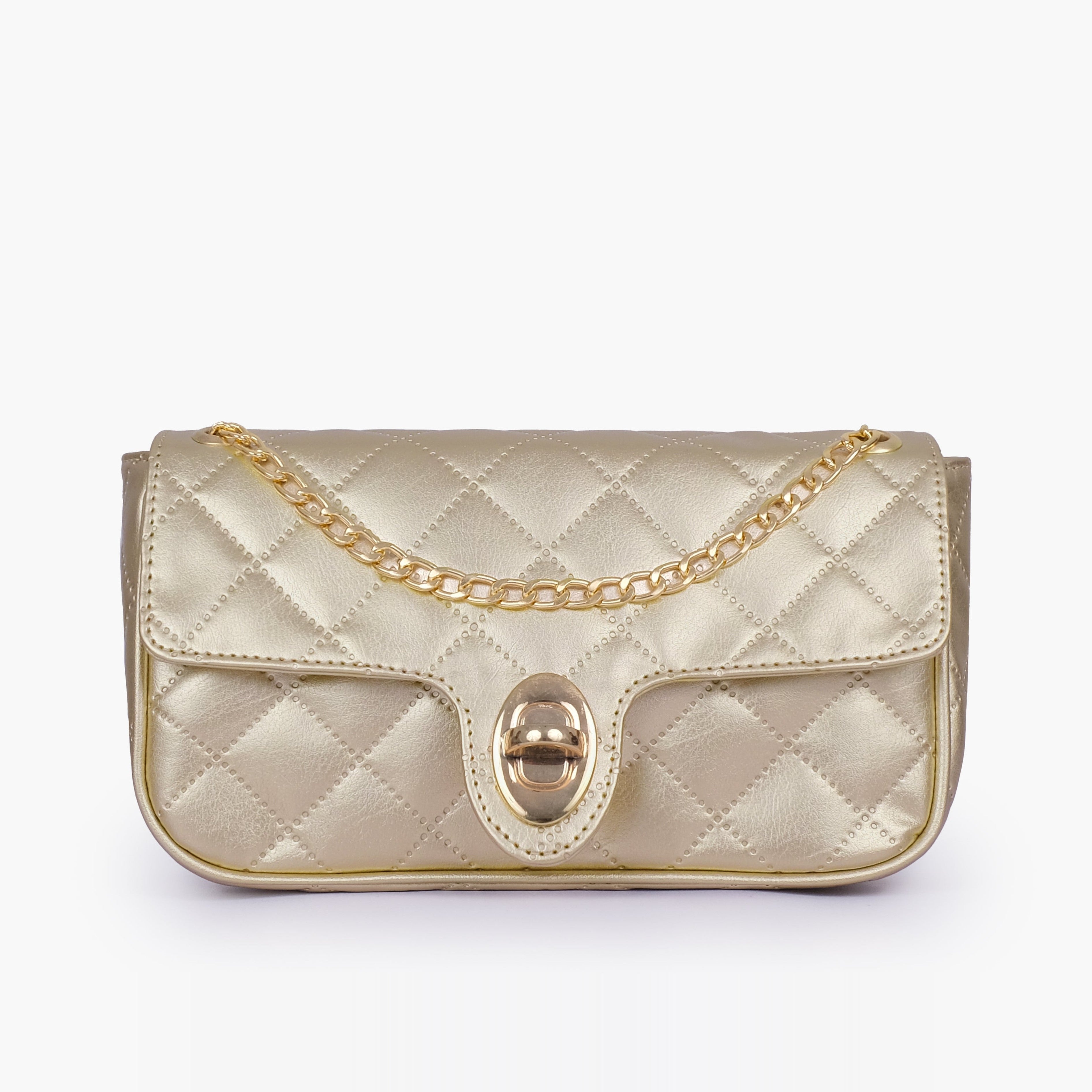 Golden quilted small shoulder bag with chain