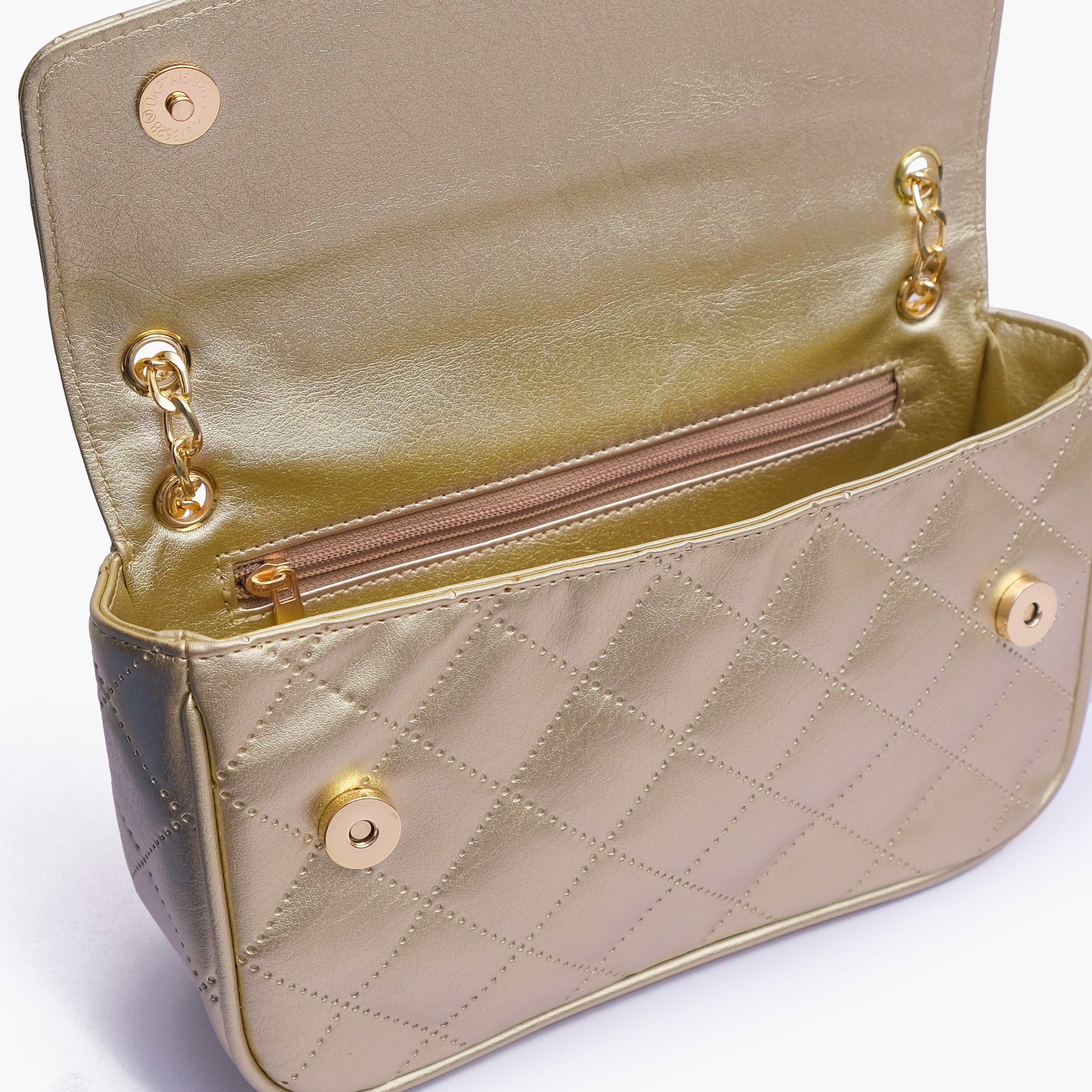 Golden quilted small shoulder bag with chain