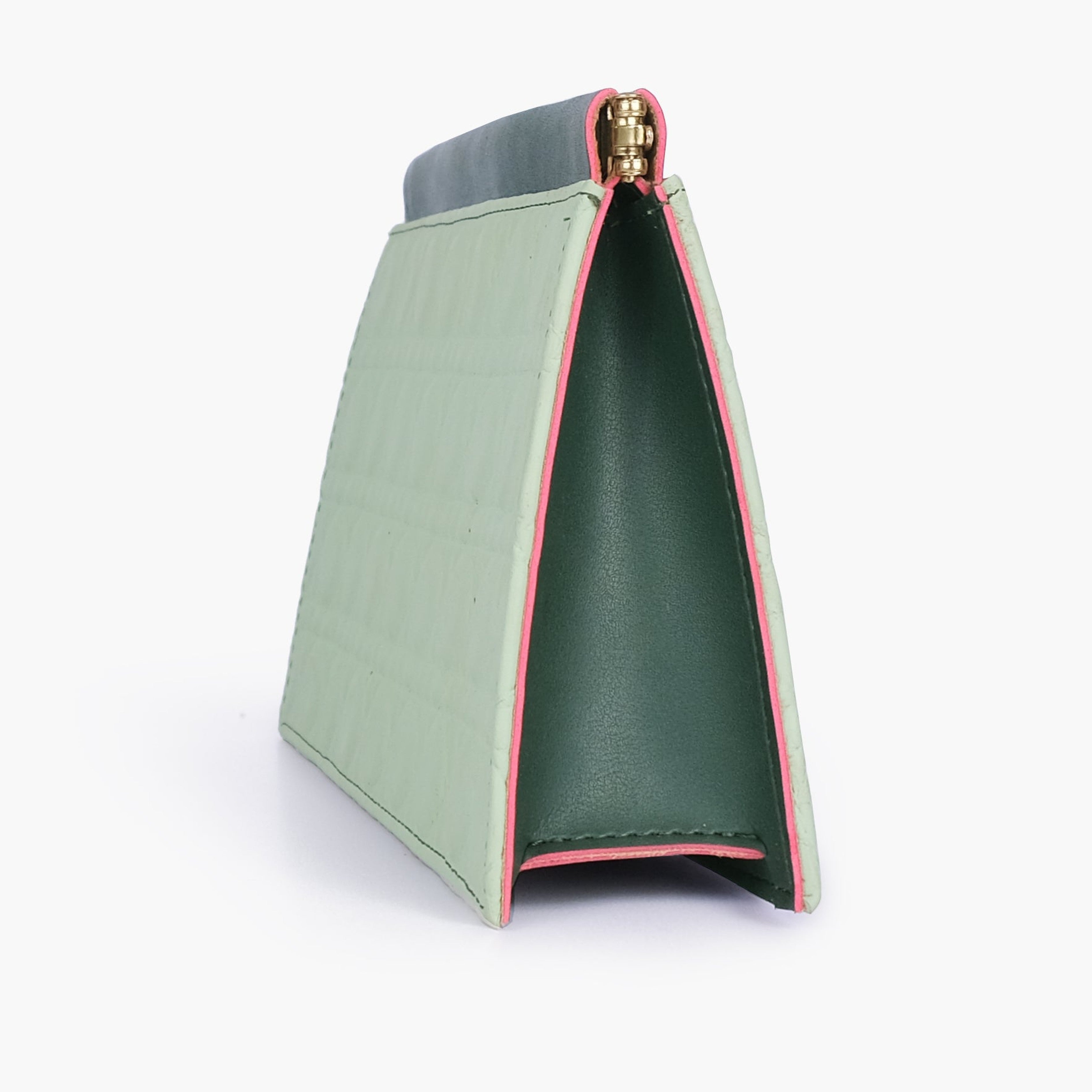 Army green quilted evening clutch with snap closure