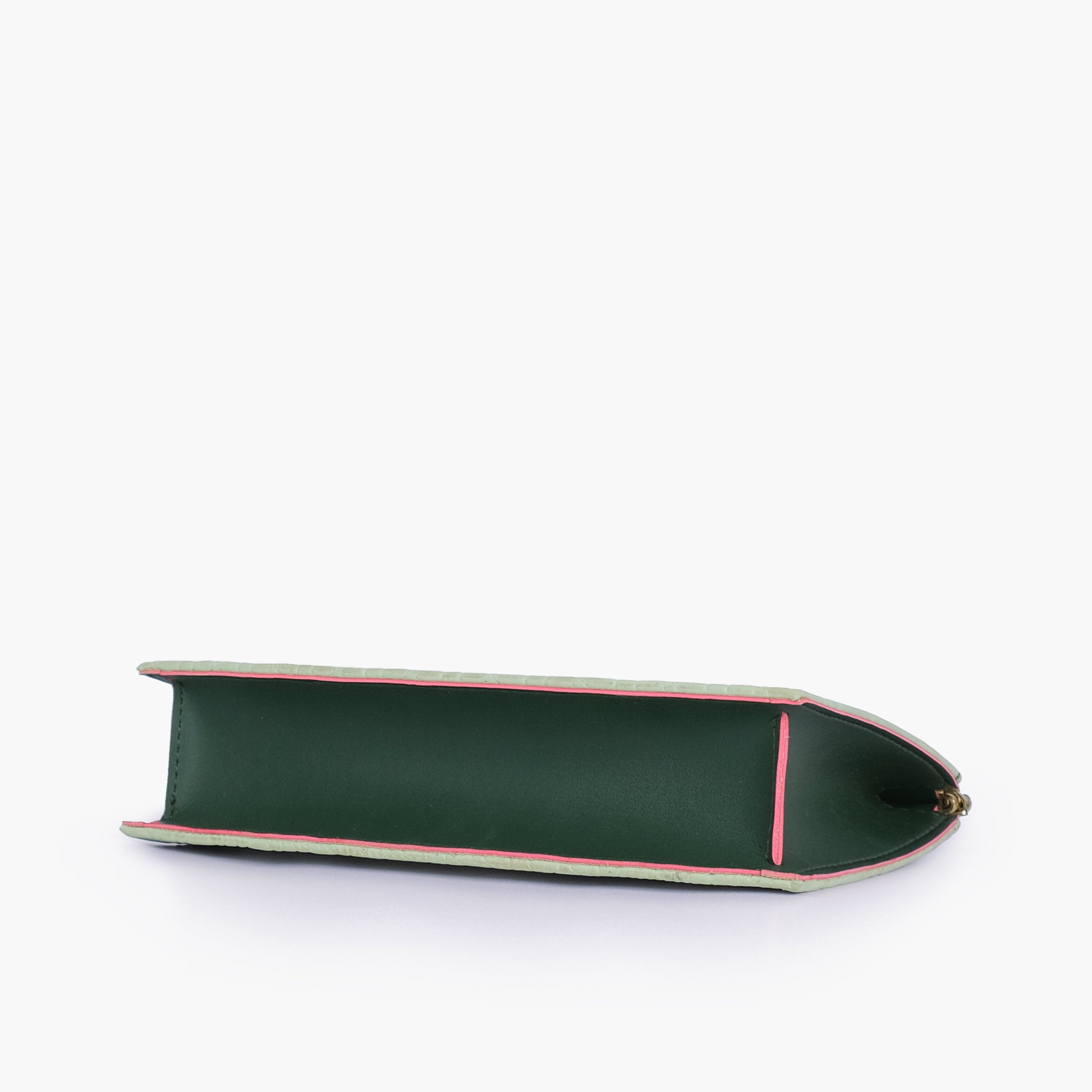 Army green quilted evening clutch with snap closure