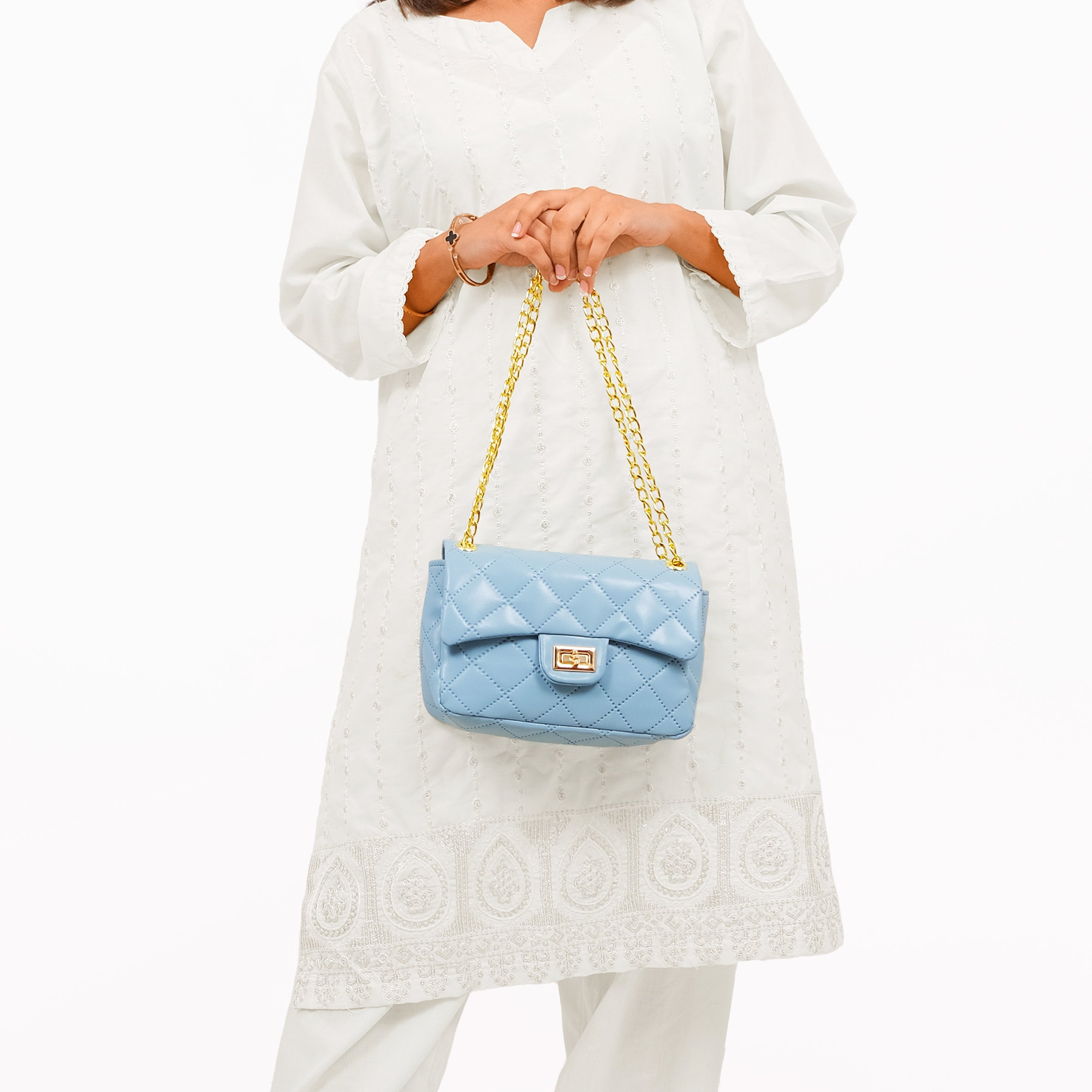 Sky Blue quilted mini bag with chain