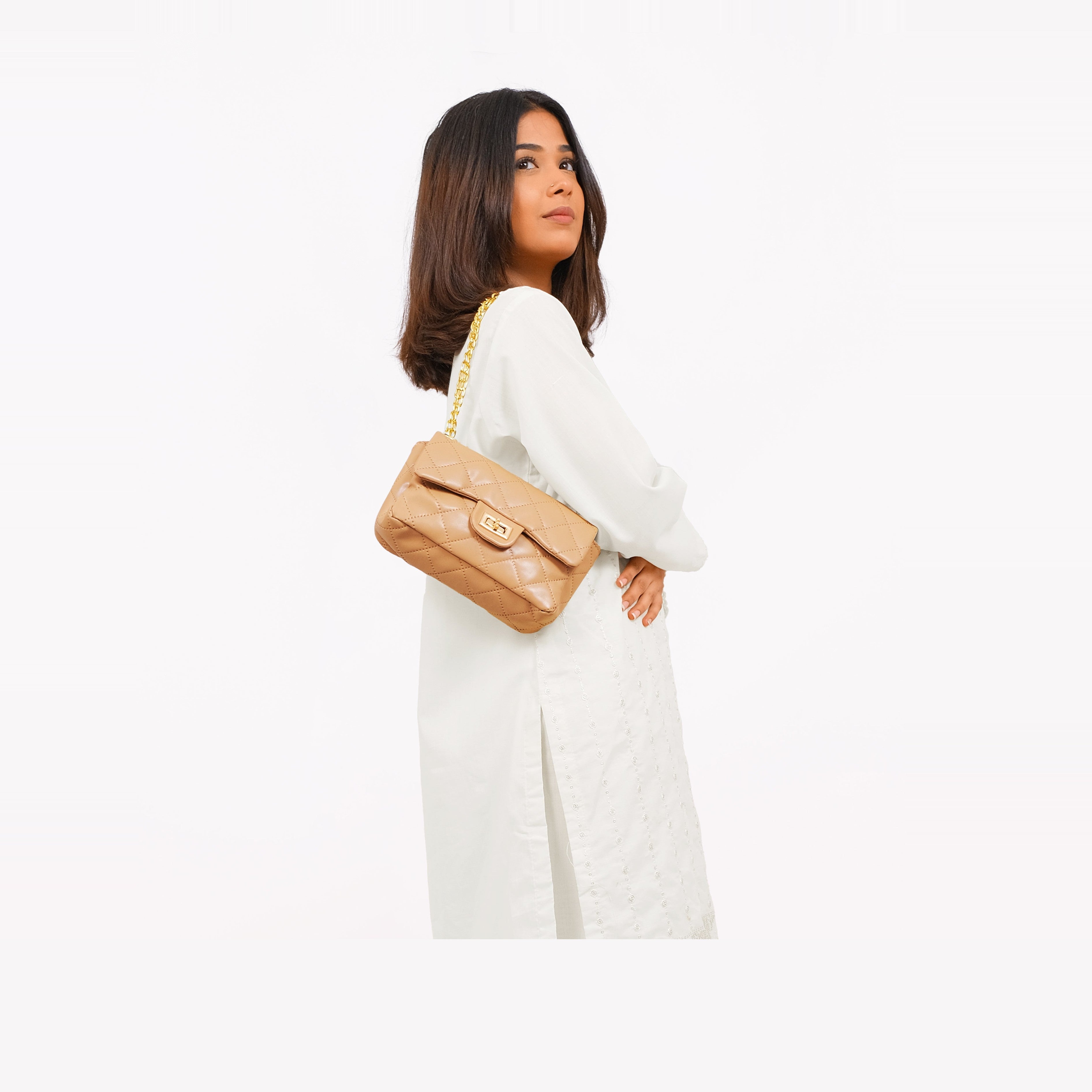 Beige quilted mini bag with chain