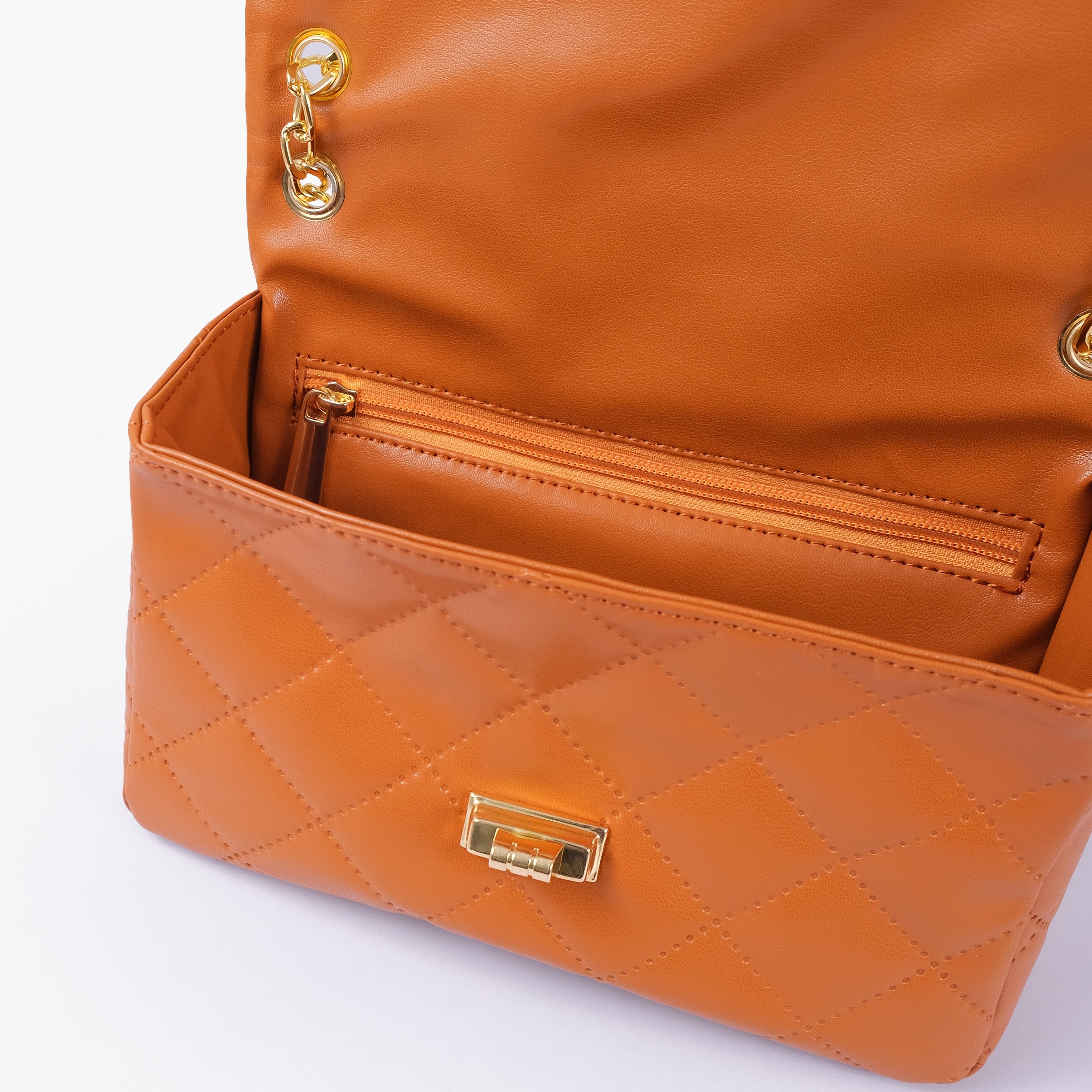 Mustard quilted mini bag with chain