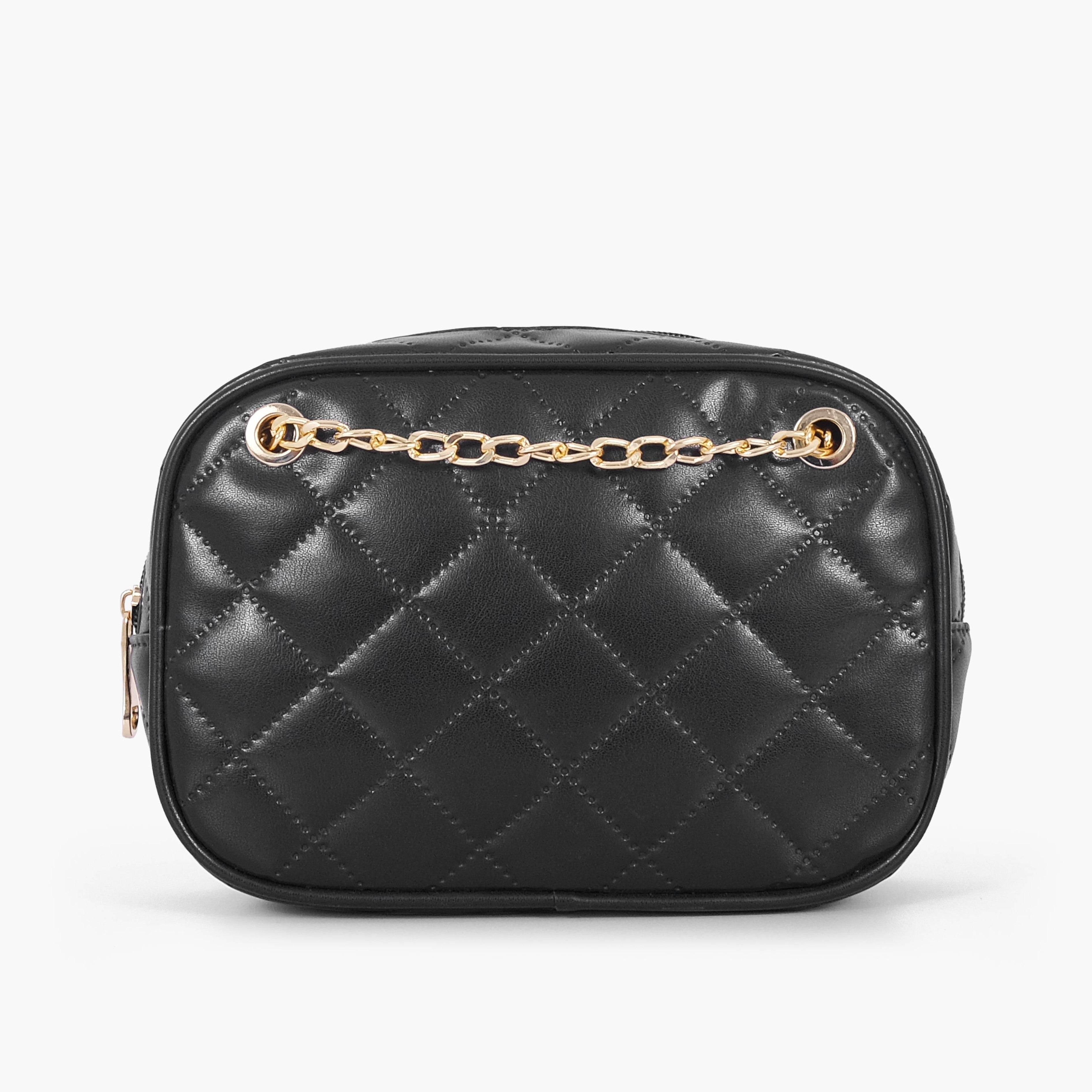 Black quilted rectangle cross-body bag