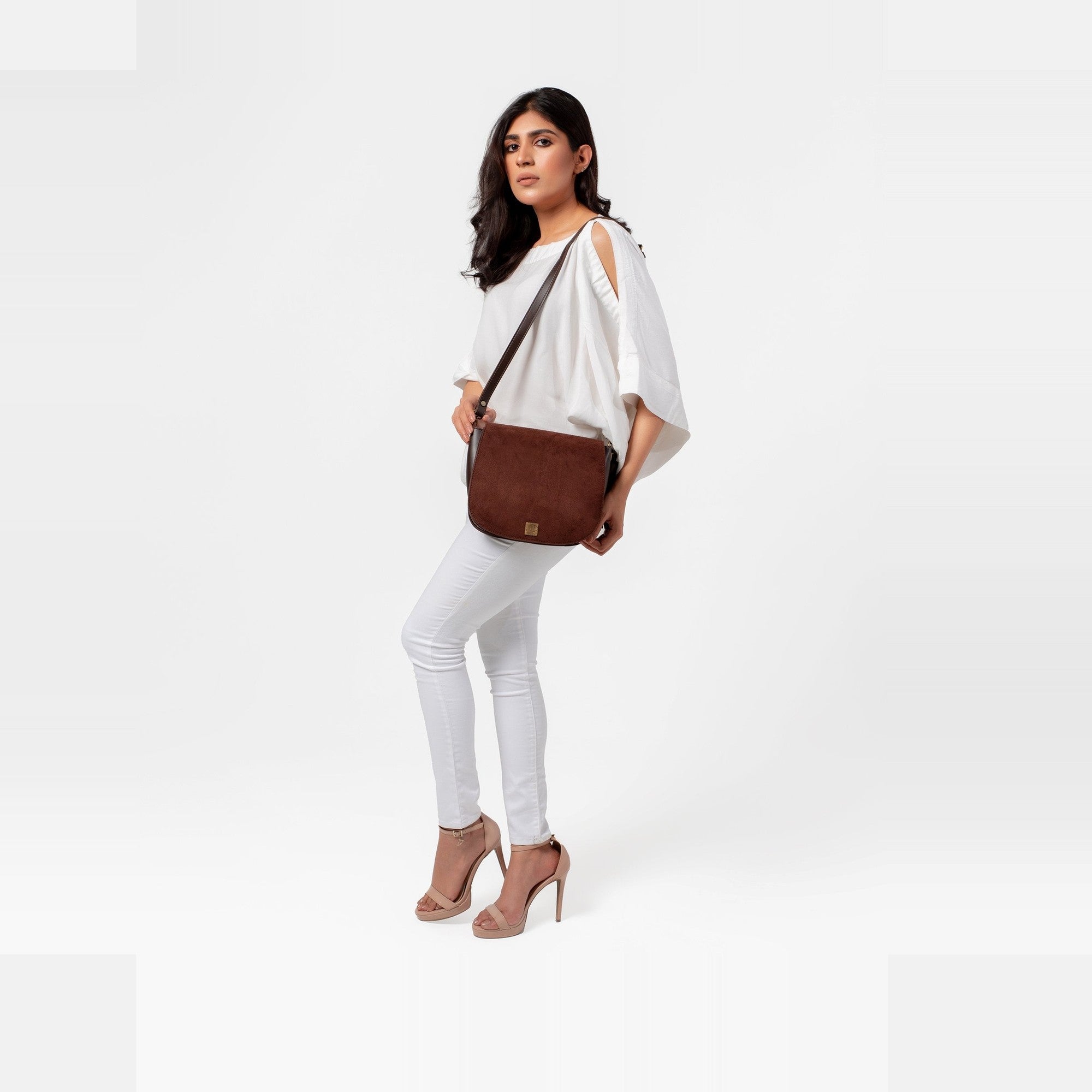 Dark brown suede foldover saddle bag