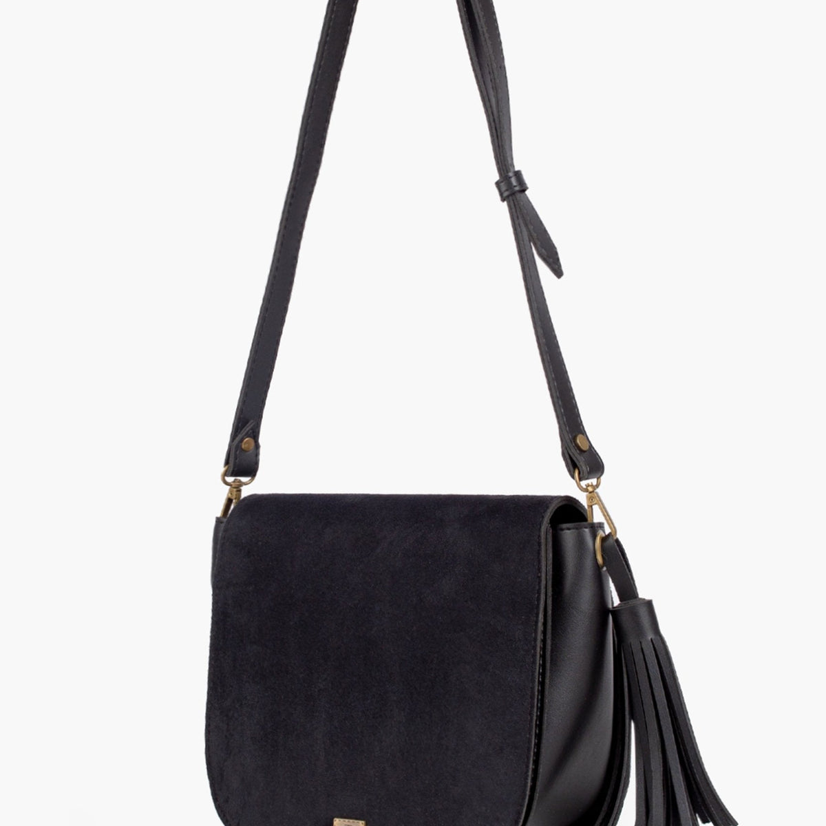 Black suede foldover saddle bag