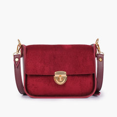 Burgundy suede saddle bag with twist lock