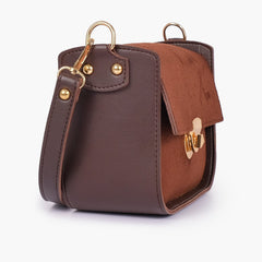 Dark brown suede saddle bag with twist lock