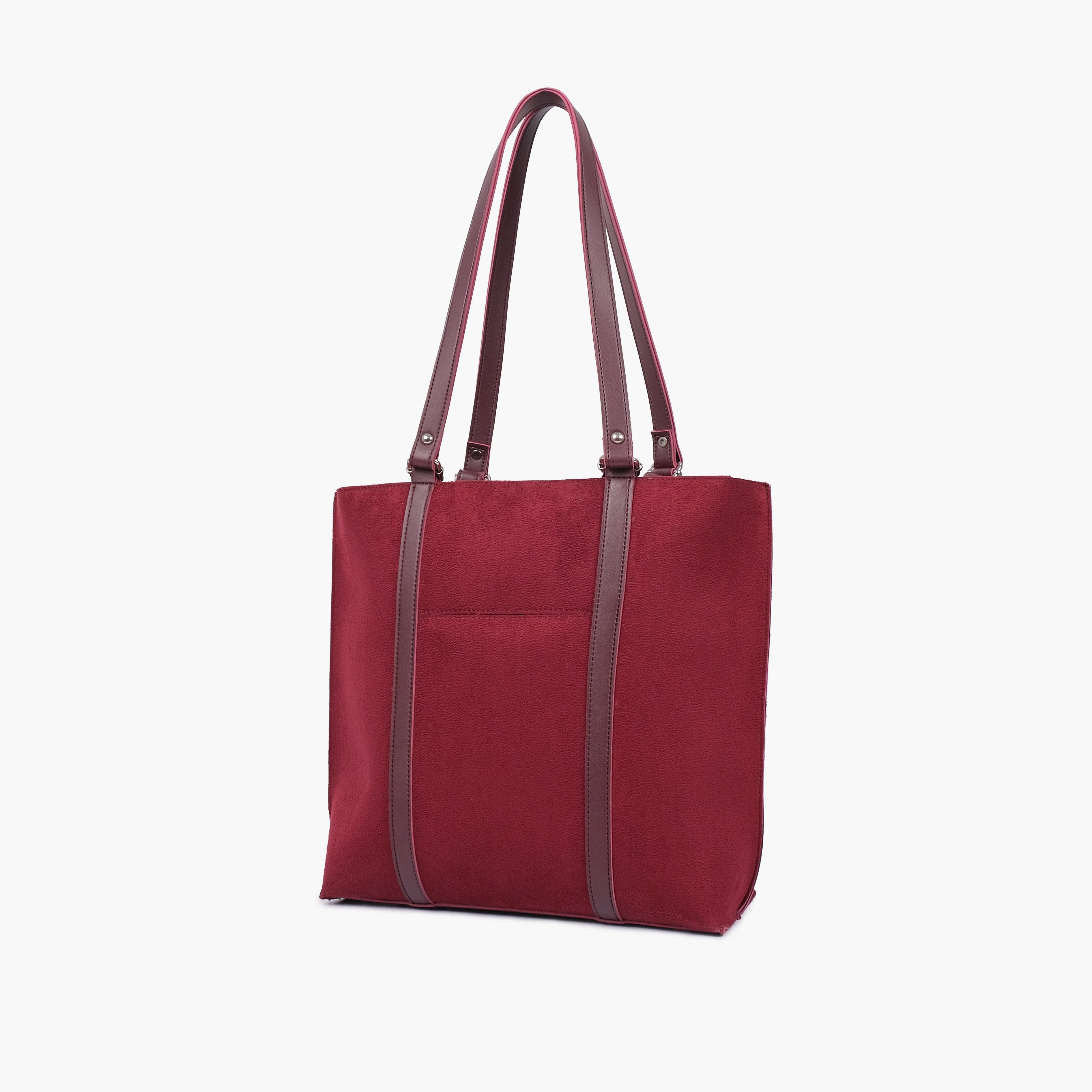 Burgundy suede double-handle tote bag