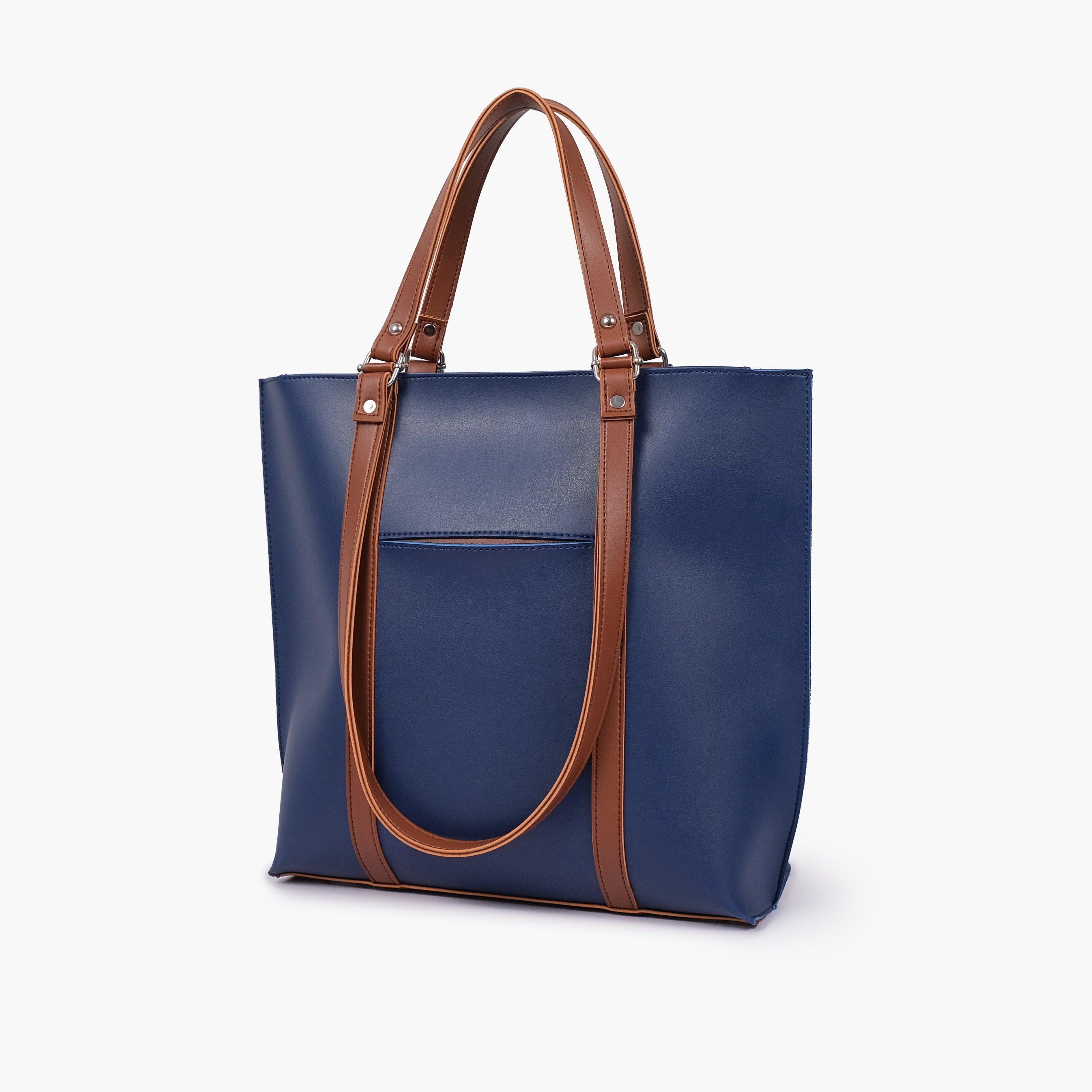 Blue and brown double-handle tote bag