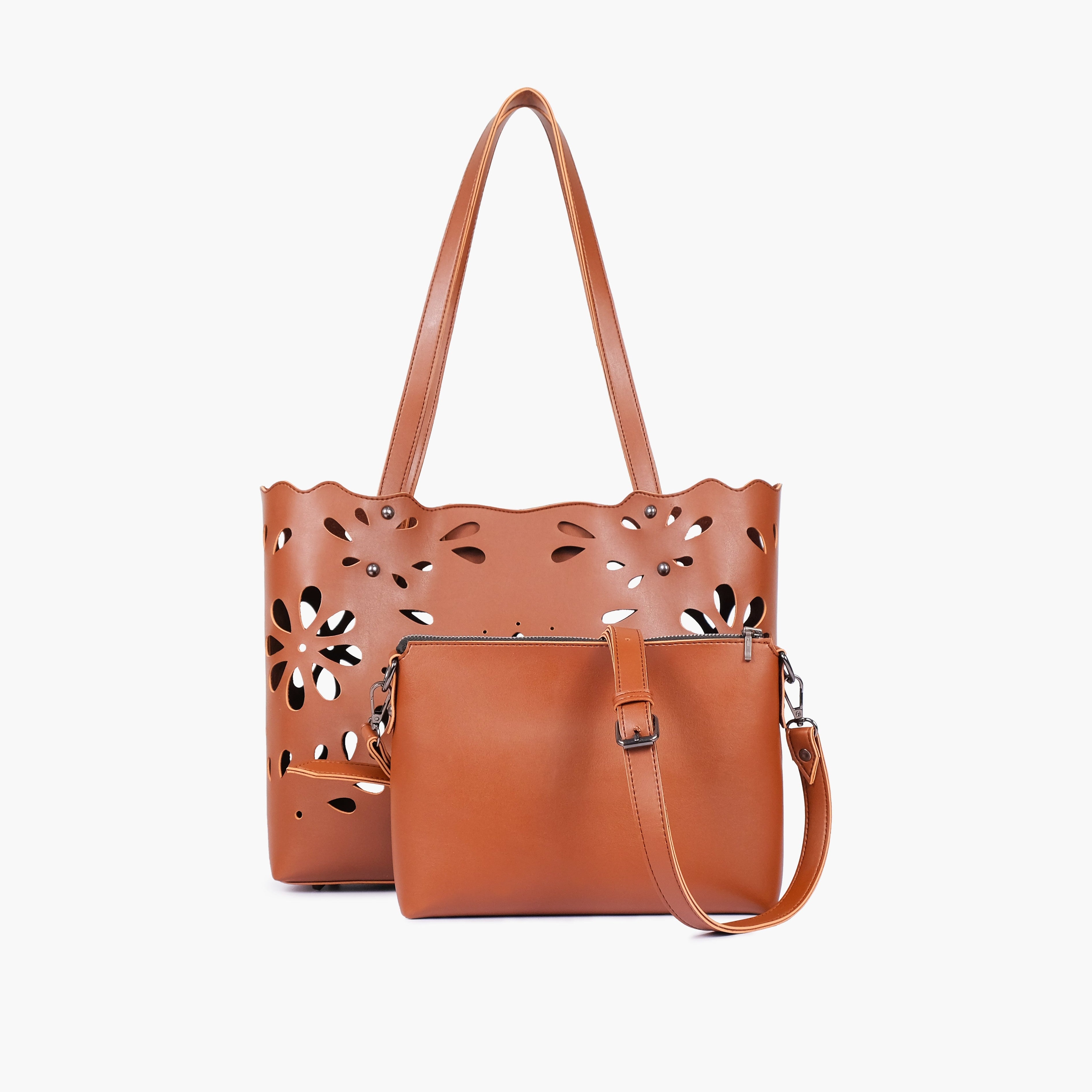 Brown two-piece floral tote