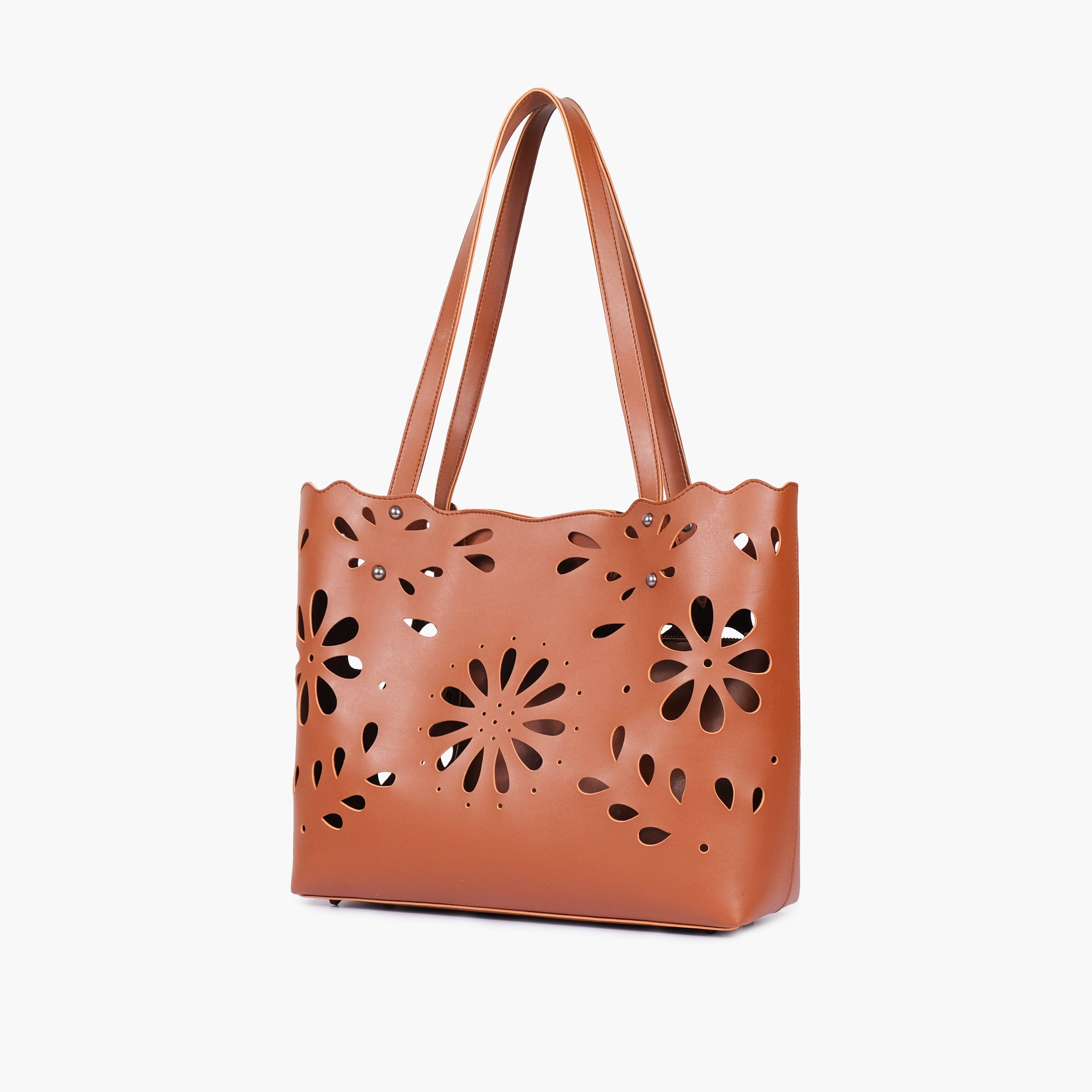 Brown two-piece floral tote