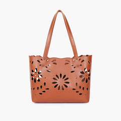 Brown two-piece floral tote