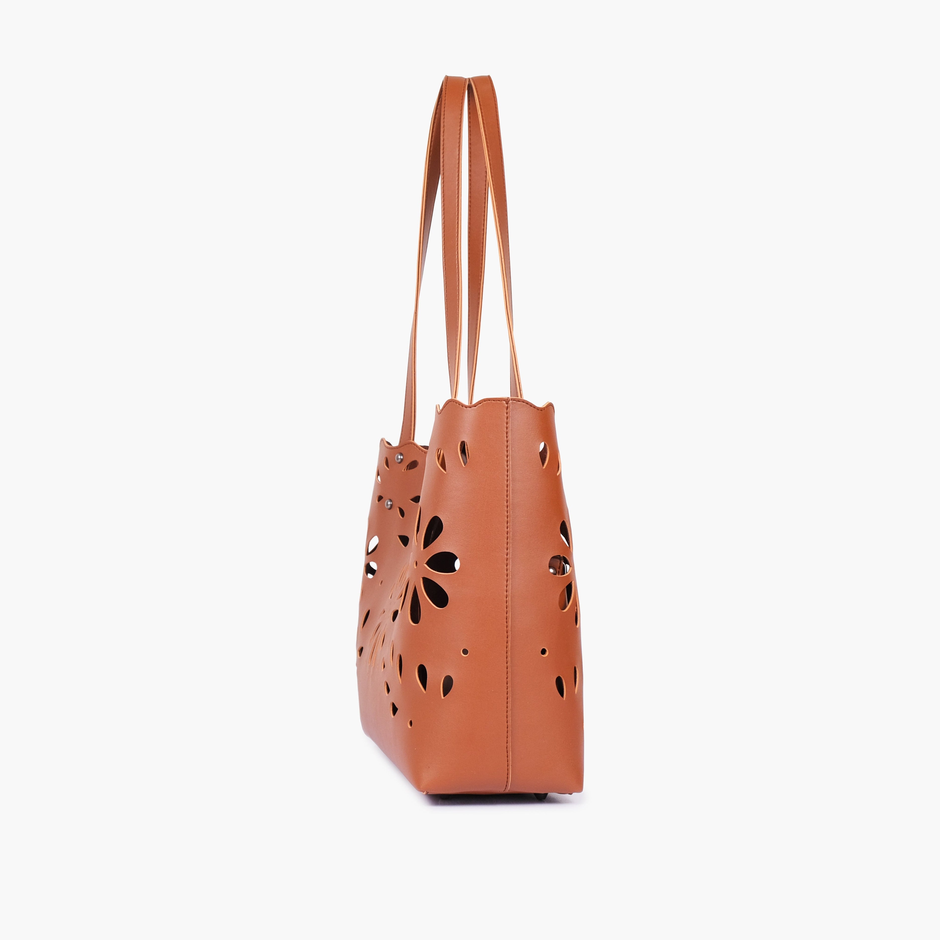 Brown two-piece floral tote