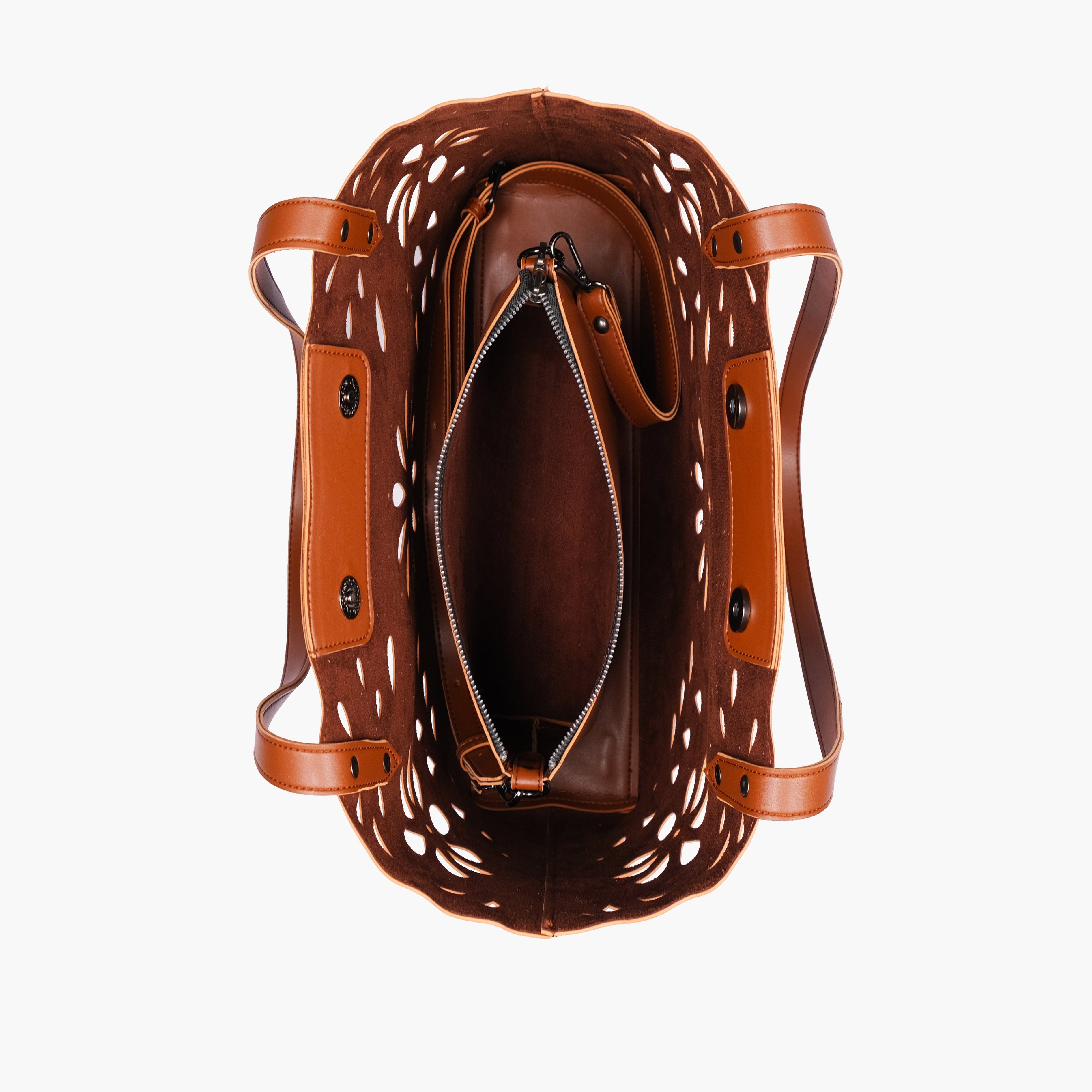 Brown two-piece floral tote