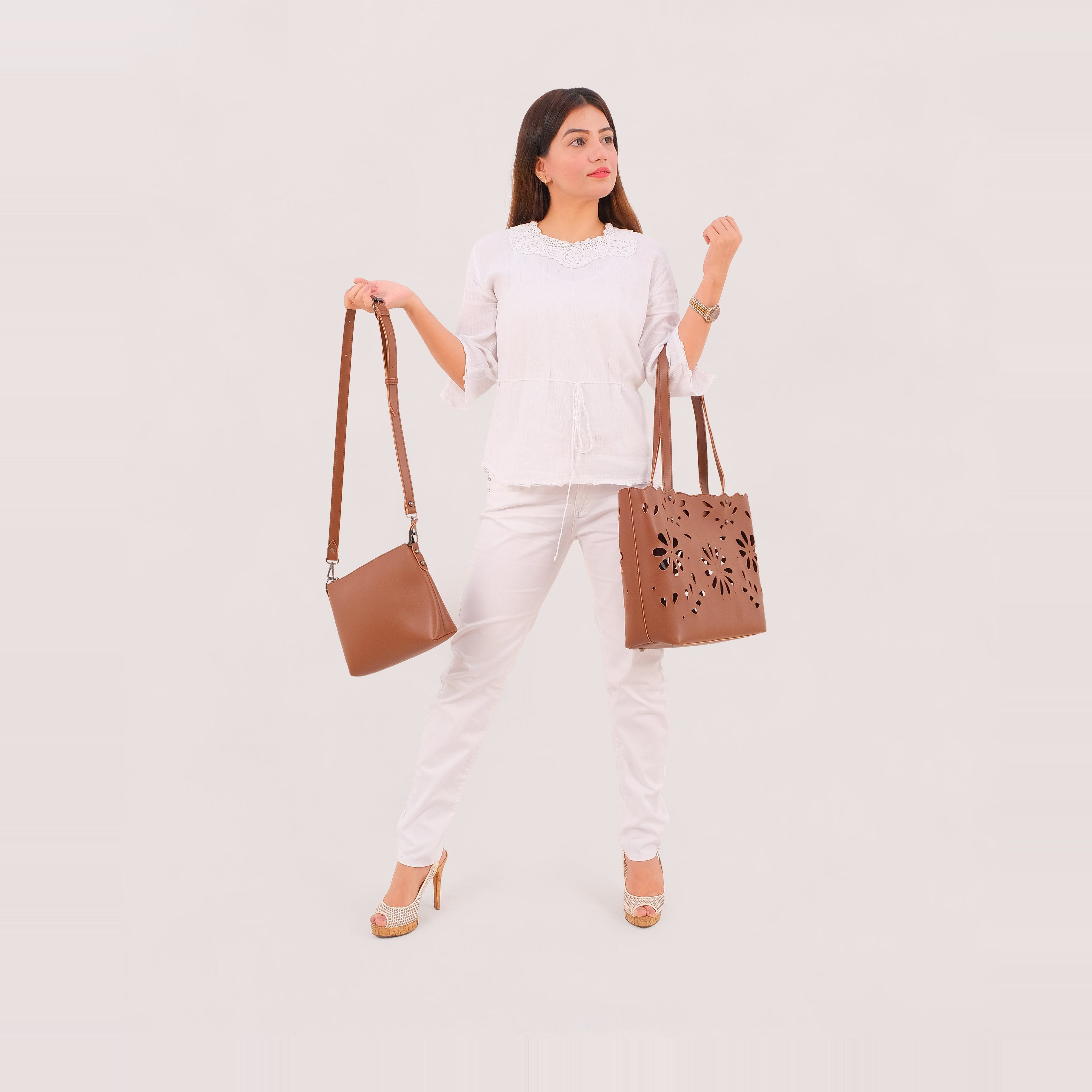 Brown two-piece floral tote