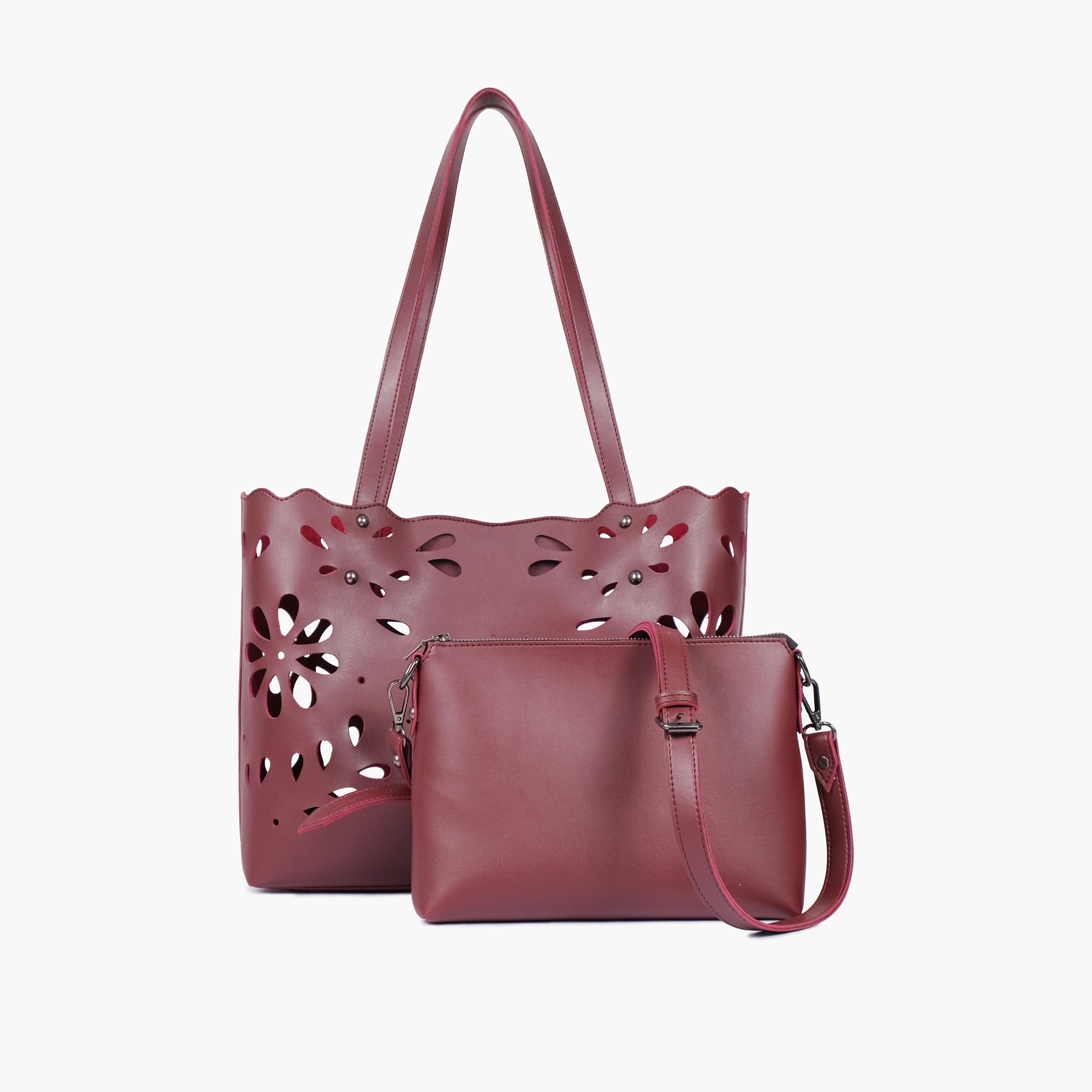 Burgundy two-piece floral tote