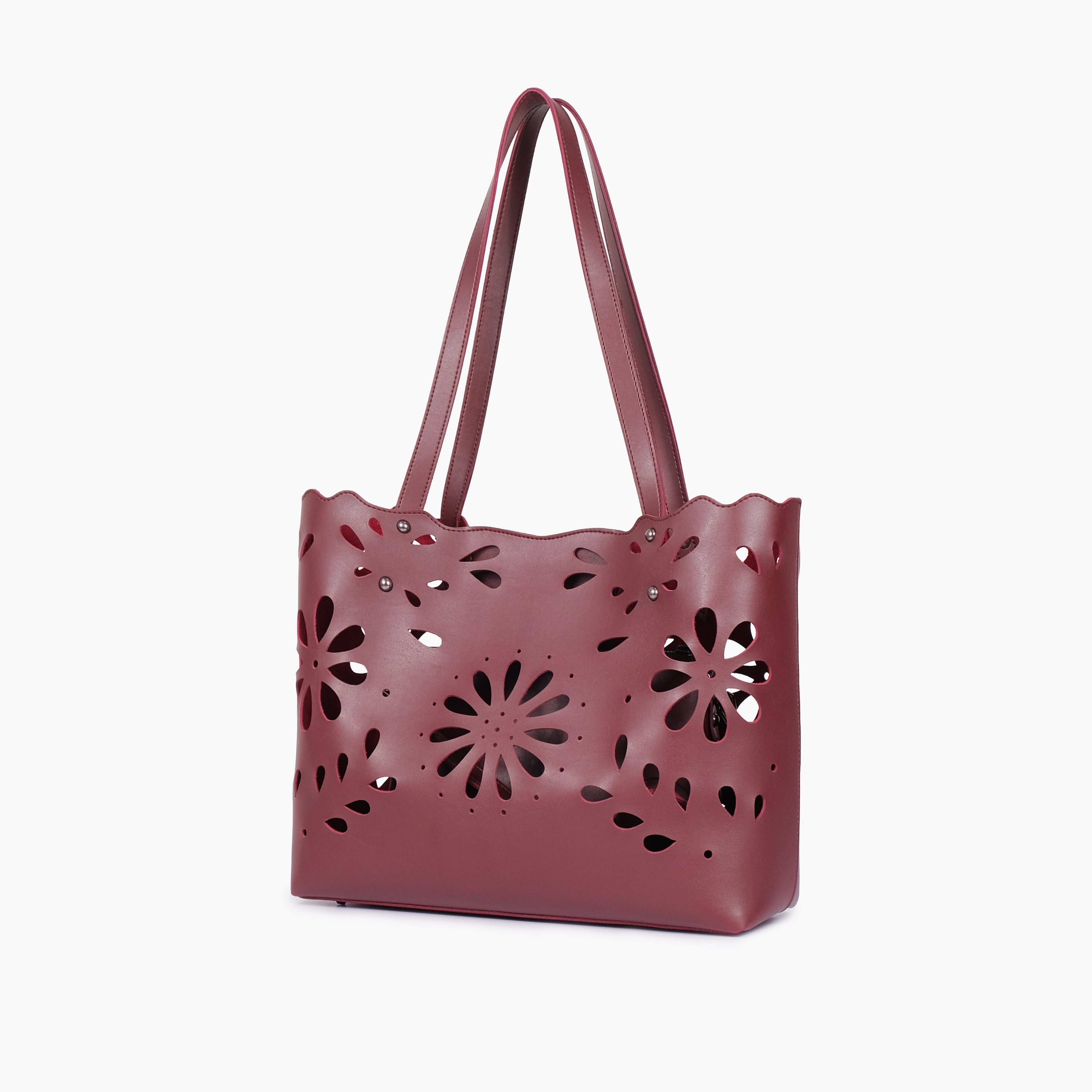 Burgundy two-piece floral tote