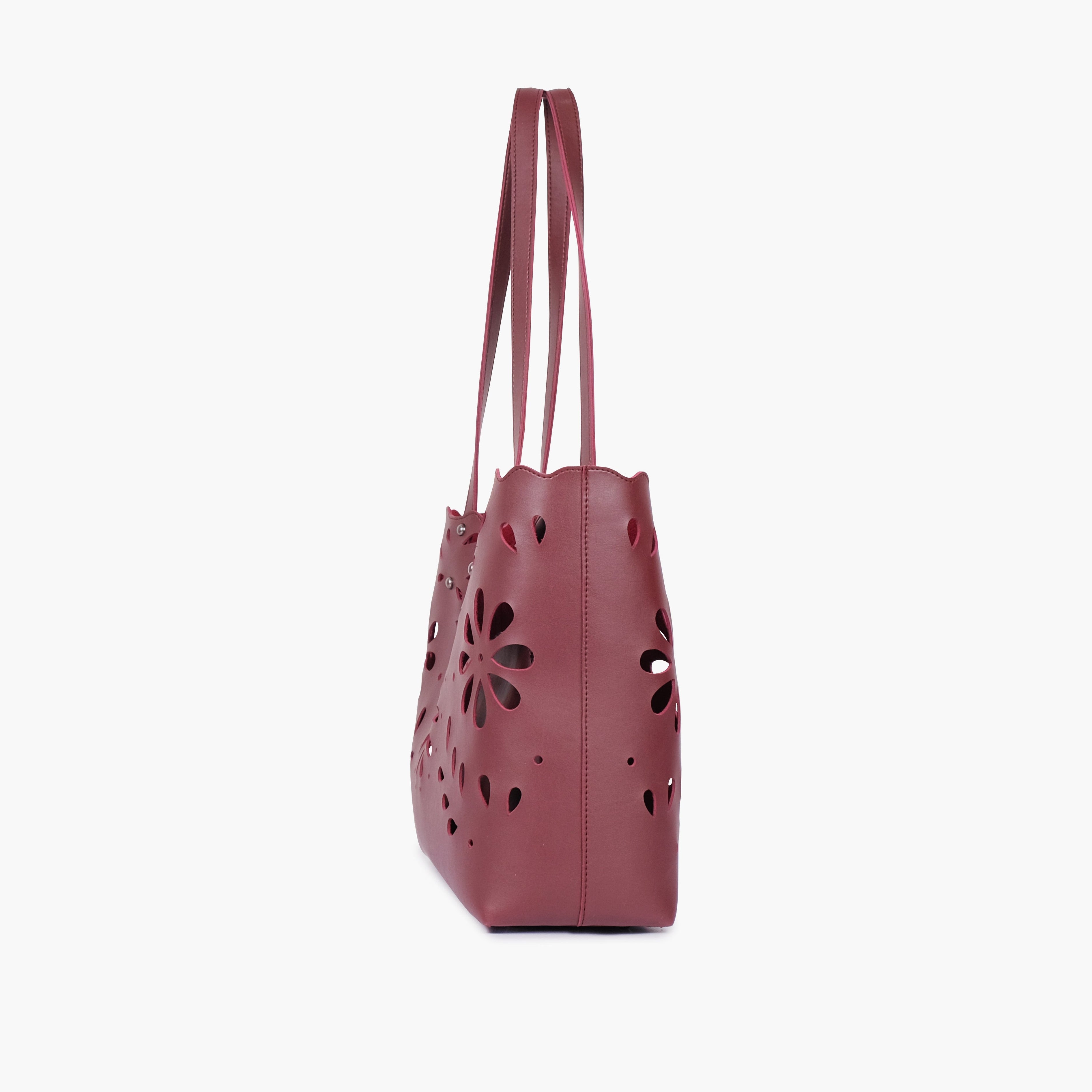 Burgundy two-piece floral tote