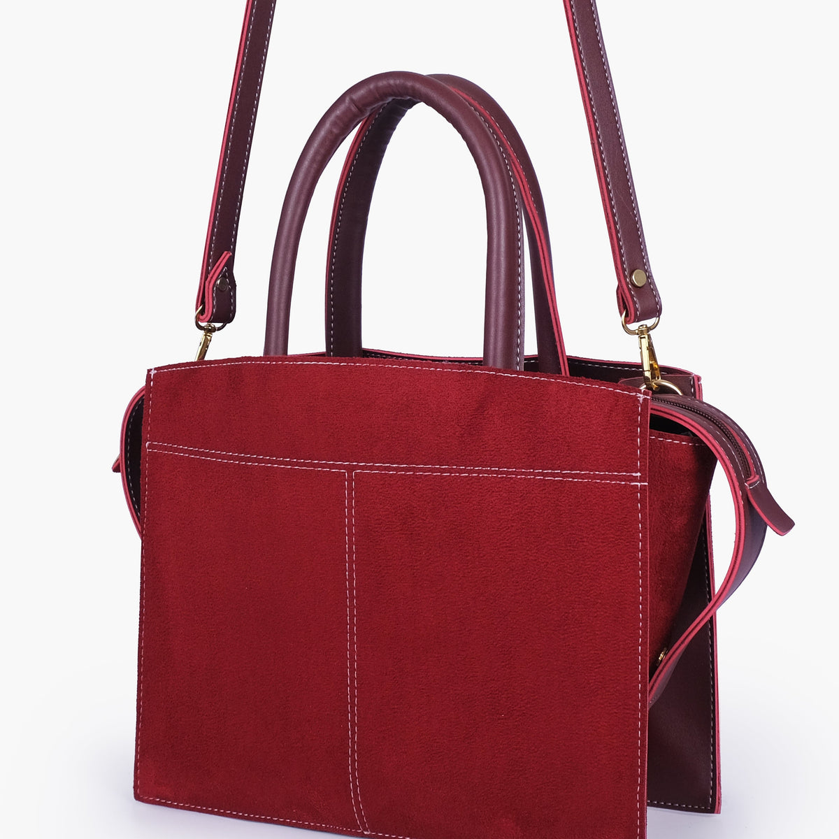 Burgundy suede trapeze top-handle bag