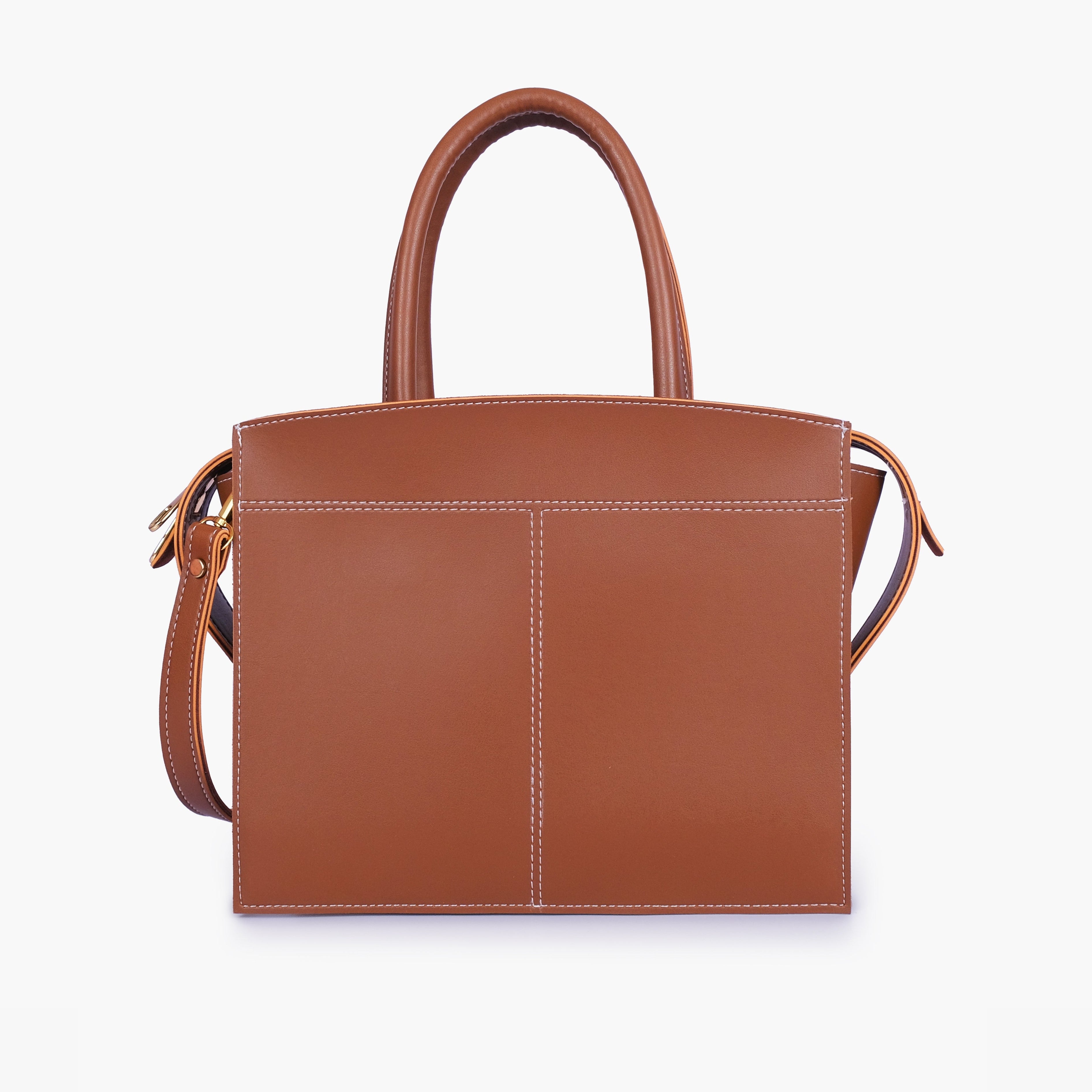 Brown trapeze top-handle bag