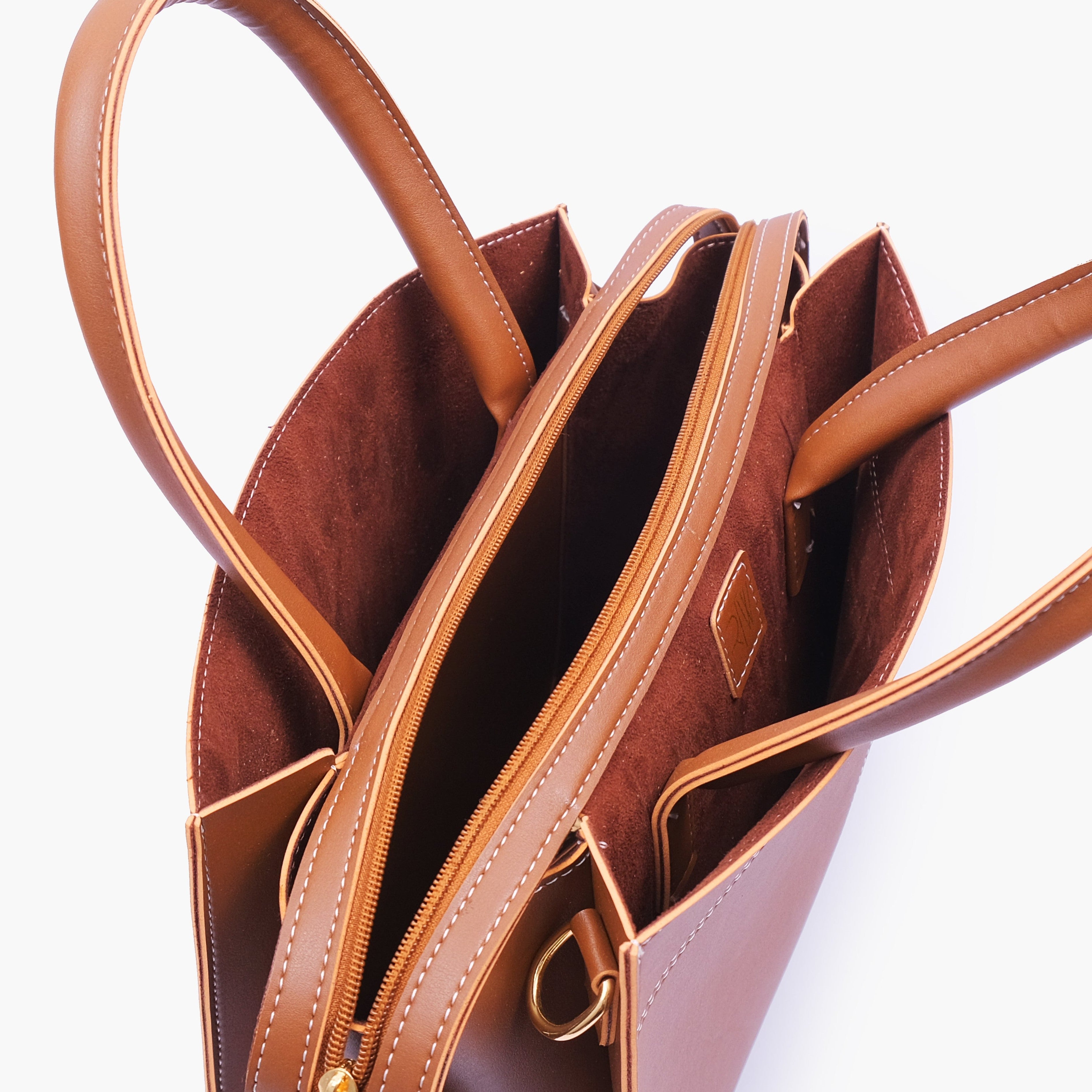 Brown trapeze top-handle bag