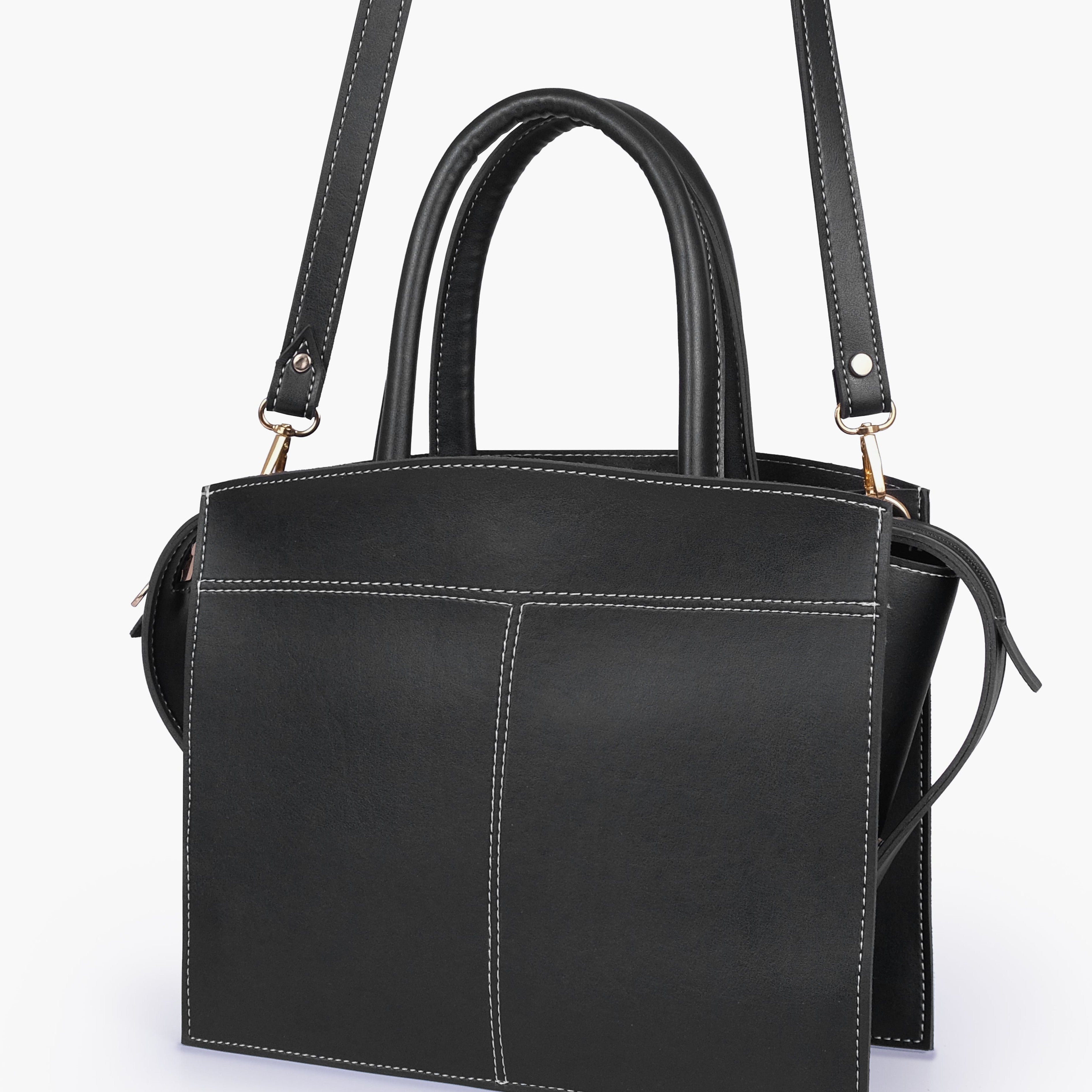 Black trapeze top-handle bag