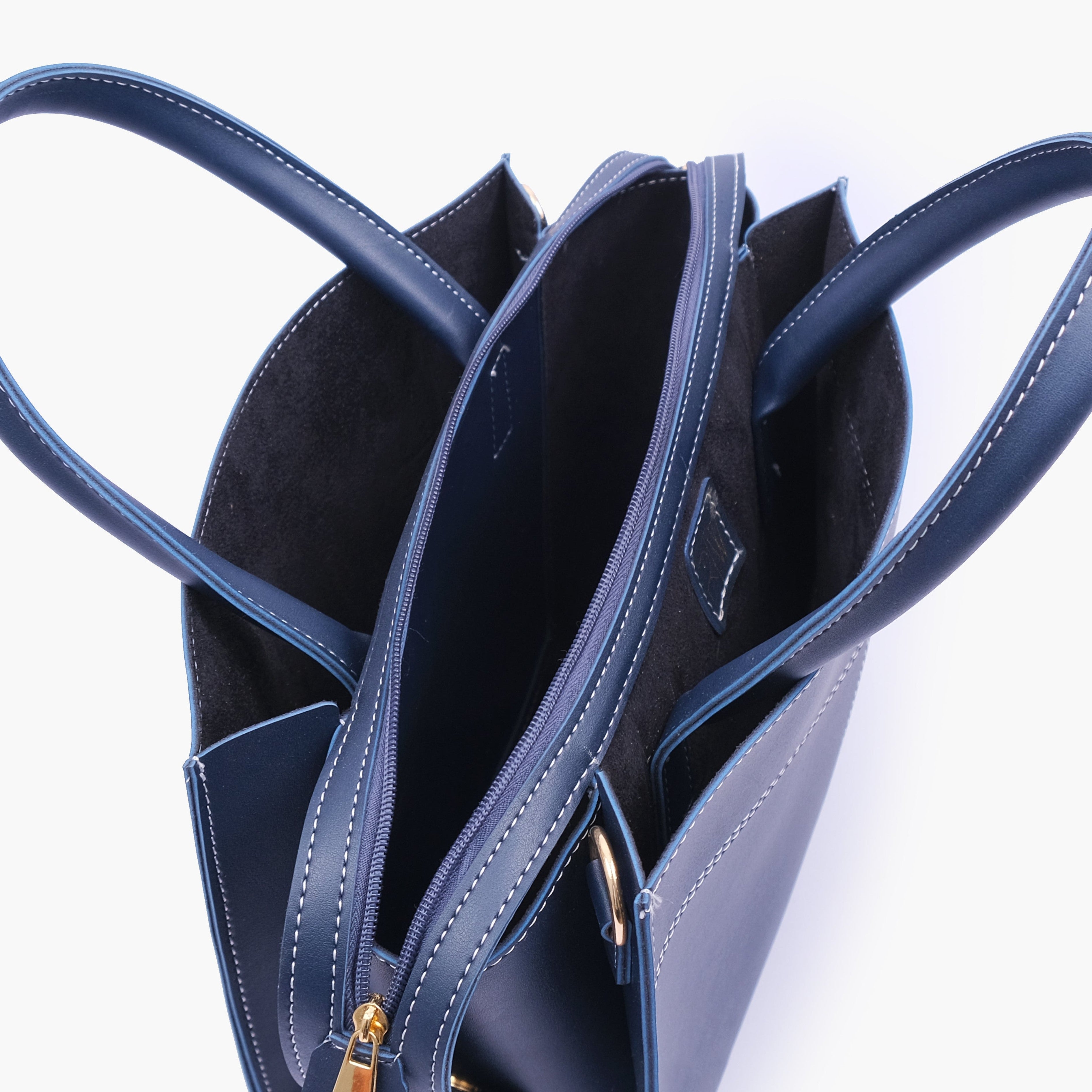 Blue trapeze top-handle bag