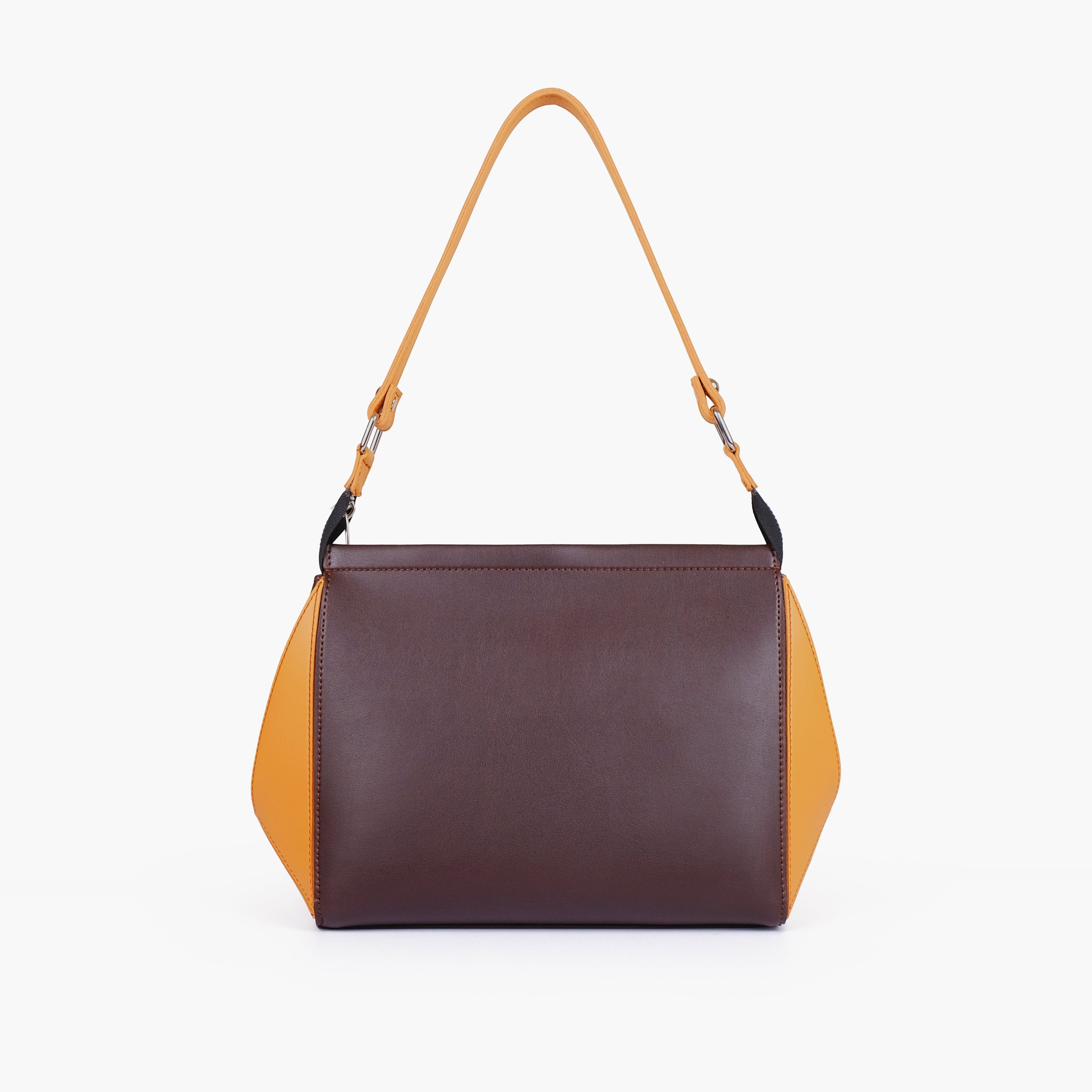 Dark brown and mustard trio twist handbag