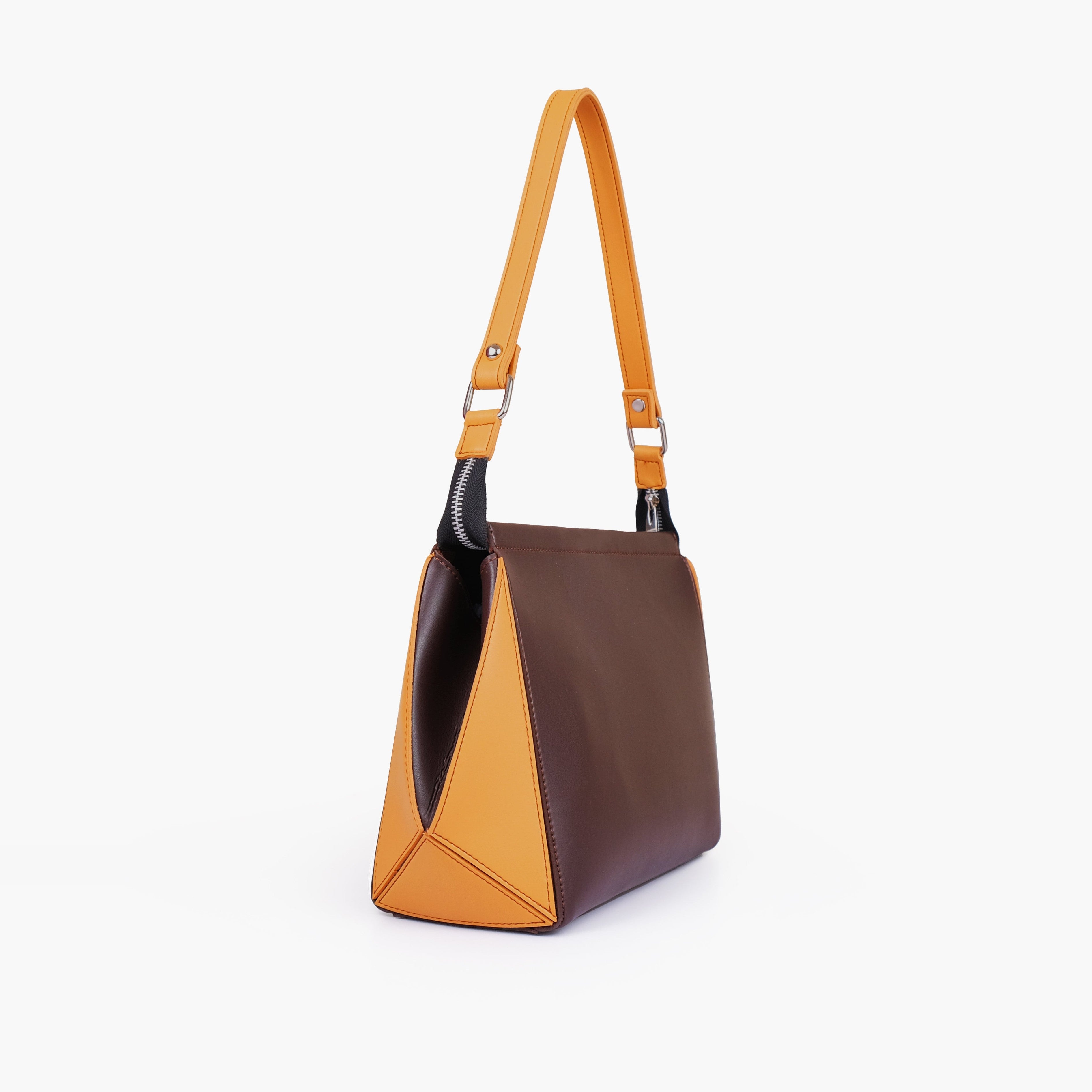 Dark brown and mustard trio twist handbag