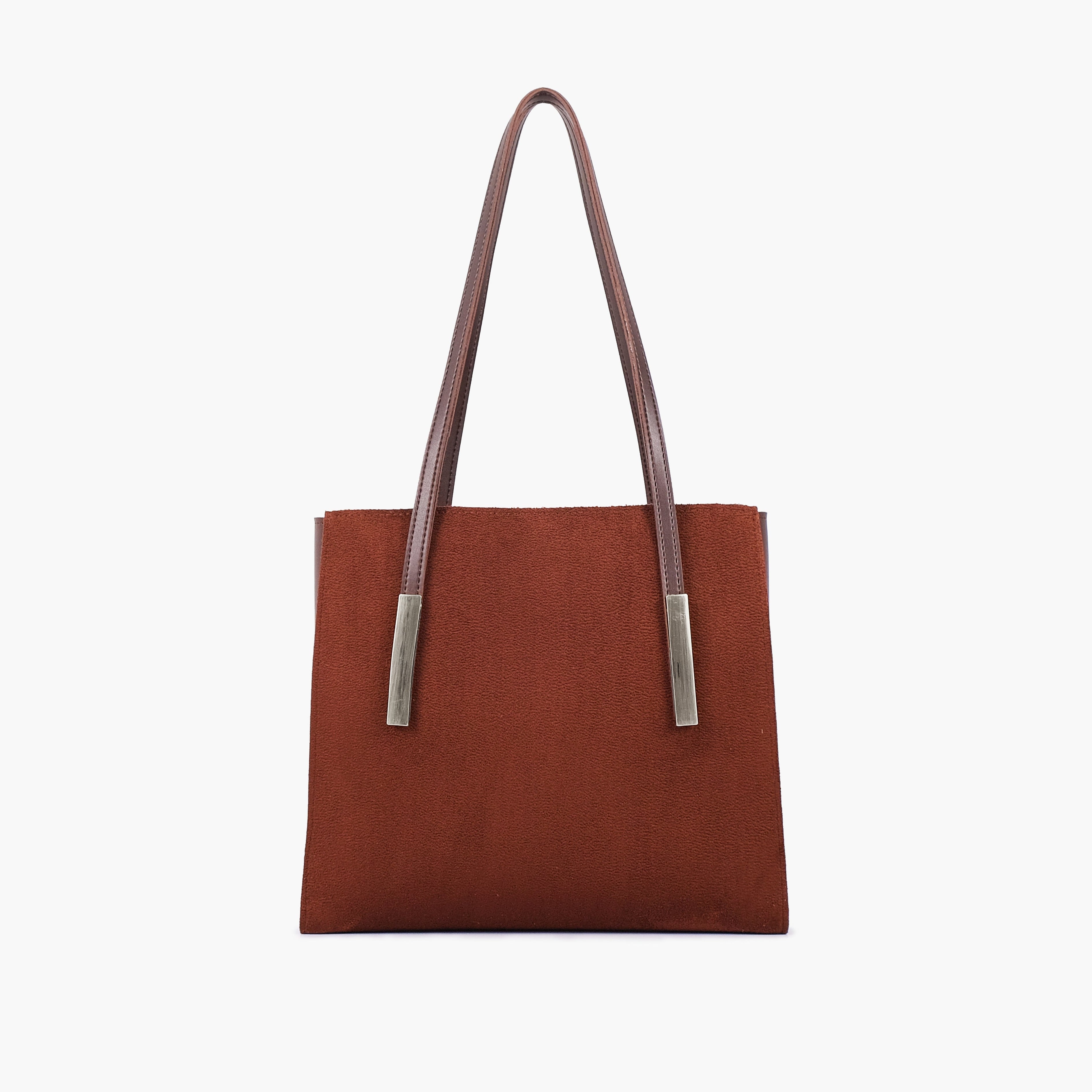 Dark brown suede zipper shoulder bag with long handle