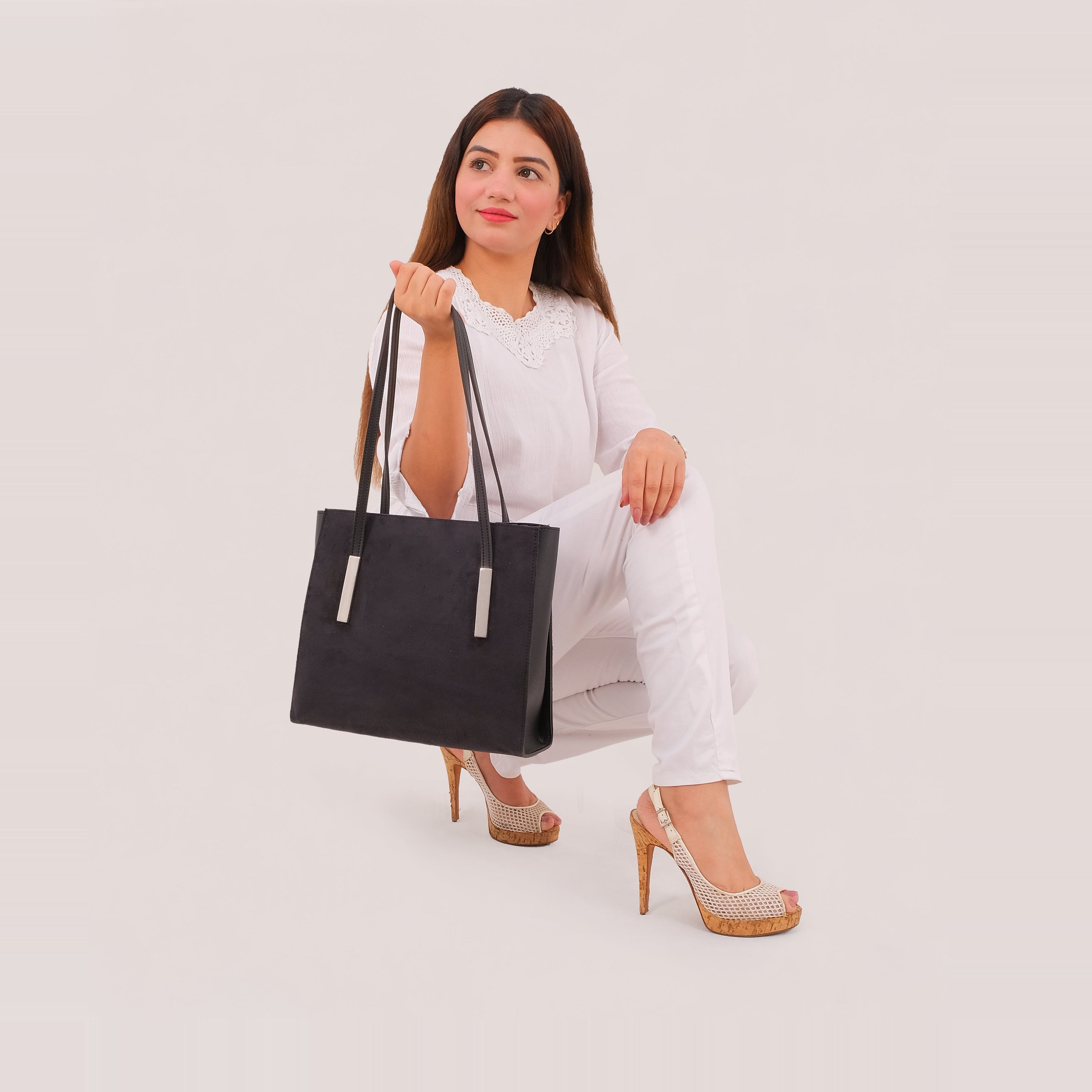 Black suede zipper shoulder bag with long handle