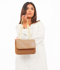 Beige houndstooth chain cross-body bag