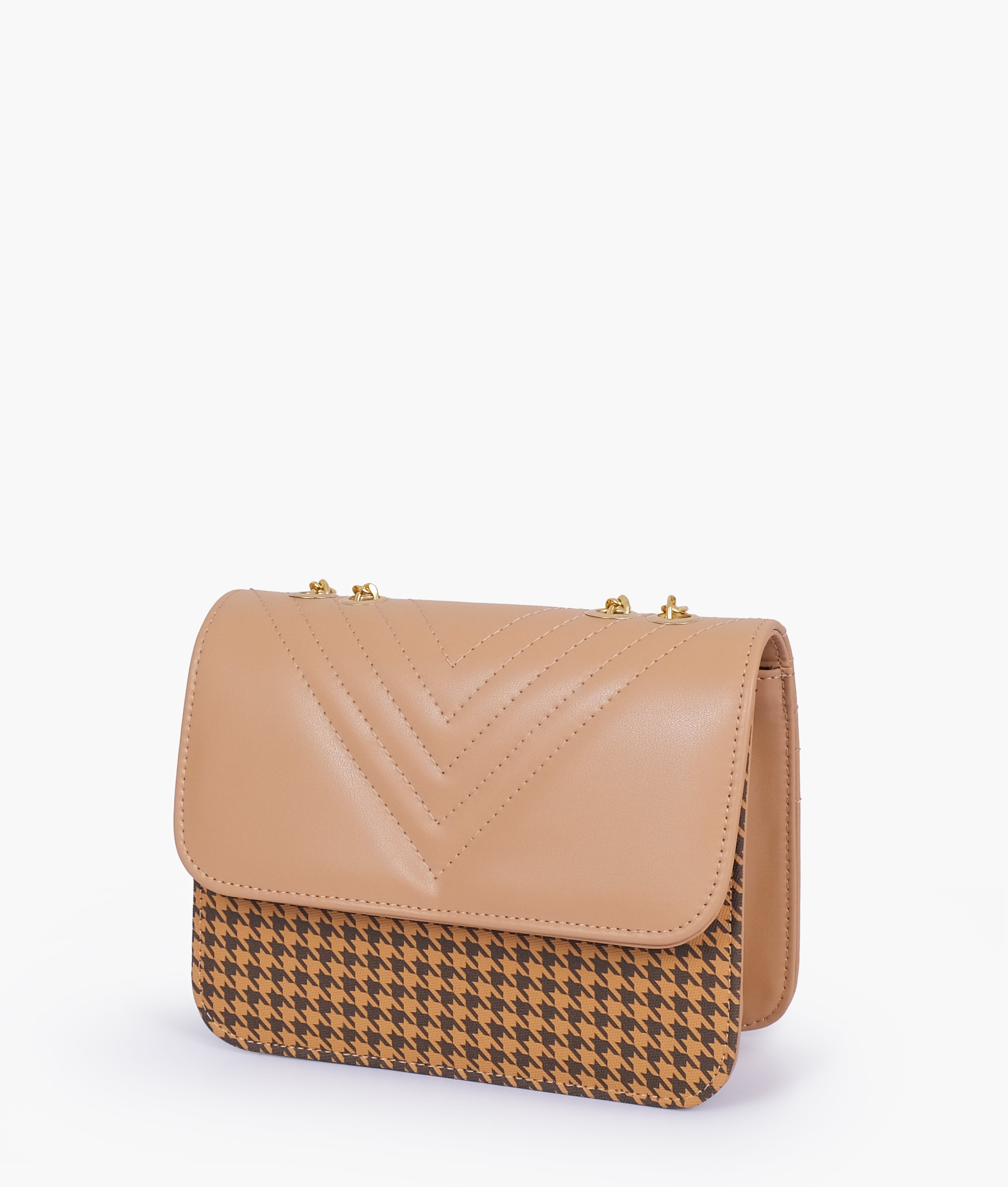 Beige houndstooth chain cross-body bag