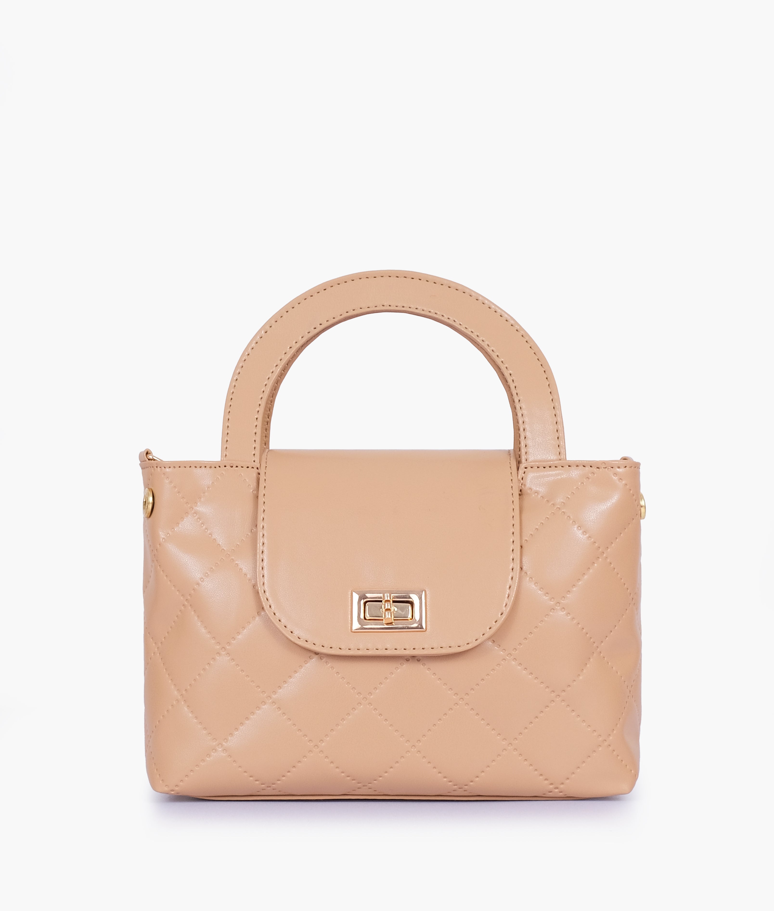 Beige flap quilted bag with top handle
