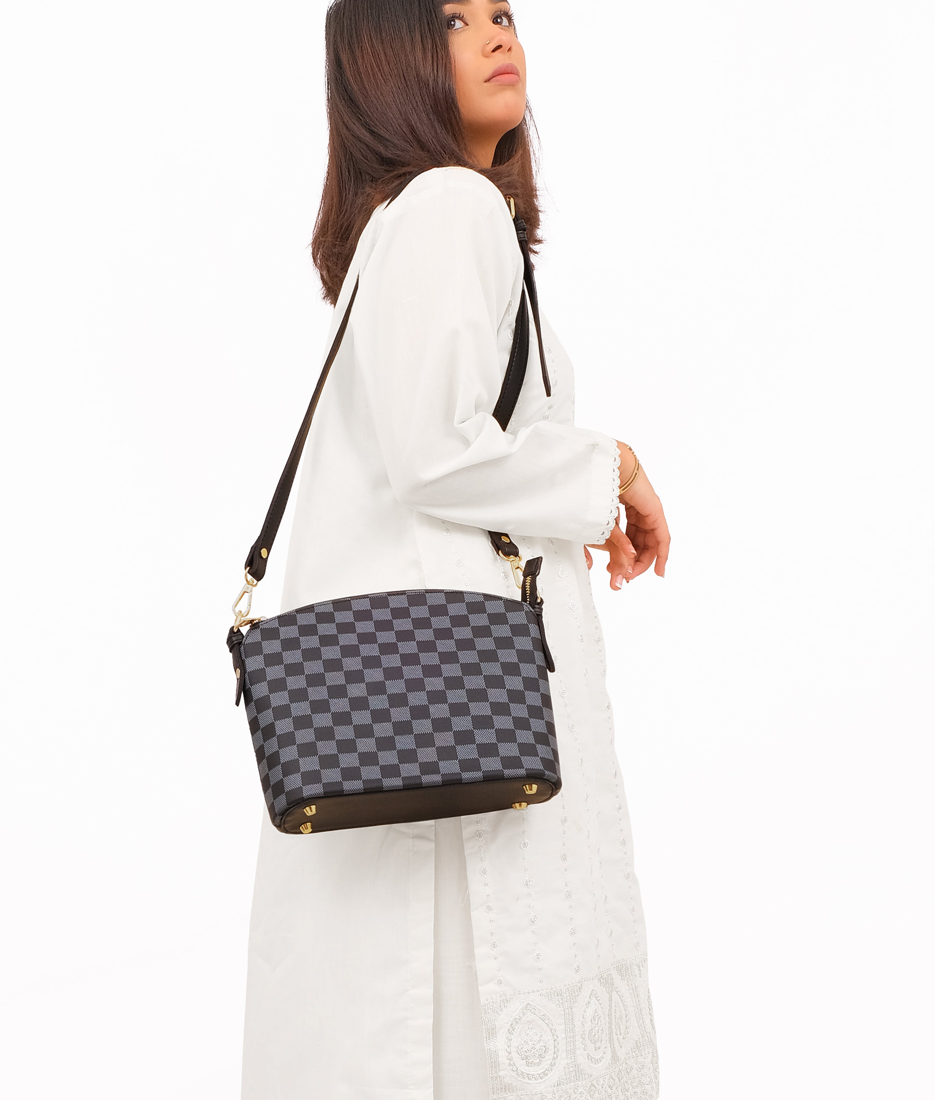 Black checkered dome cross-body bag