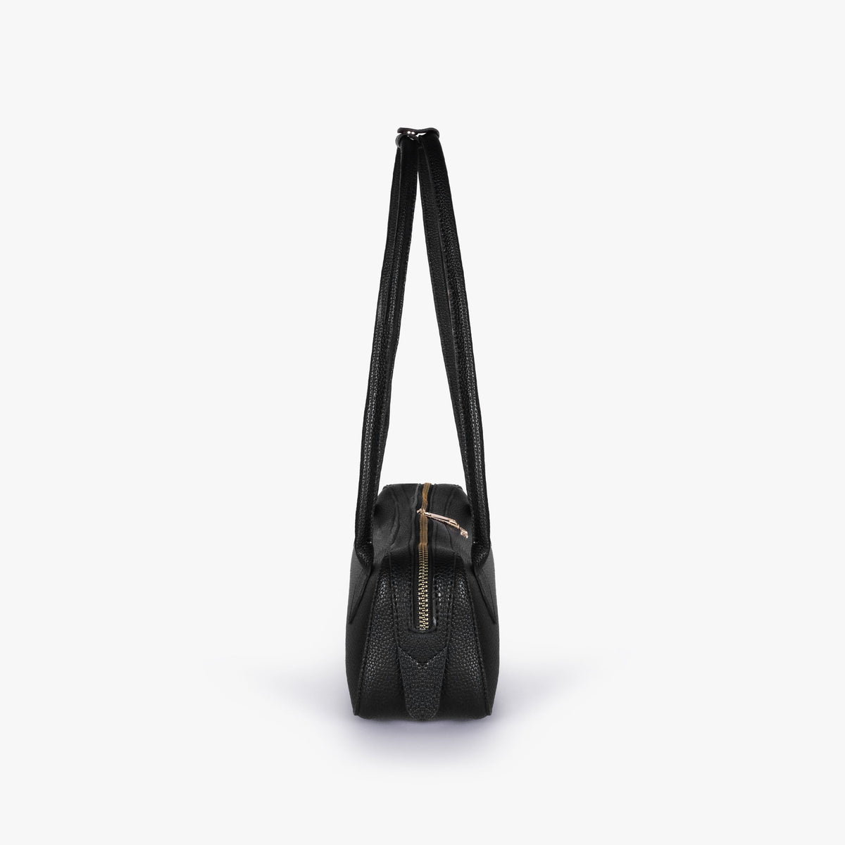 Side profile of black east-west baguette bag