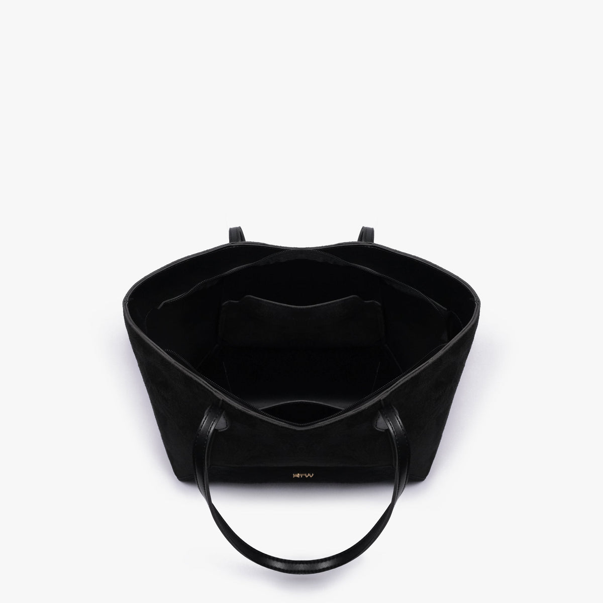 Interior view of Black suede Arc tote bag