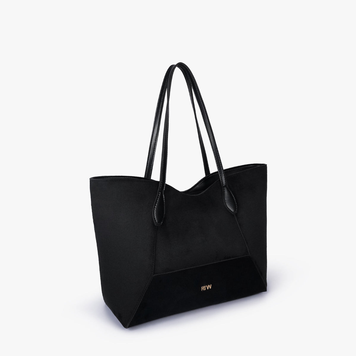 Black suede Arc tote bag in three-quarter view