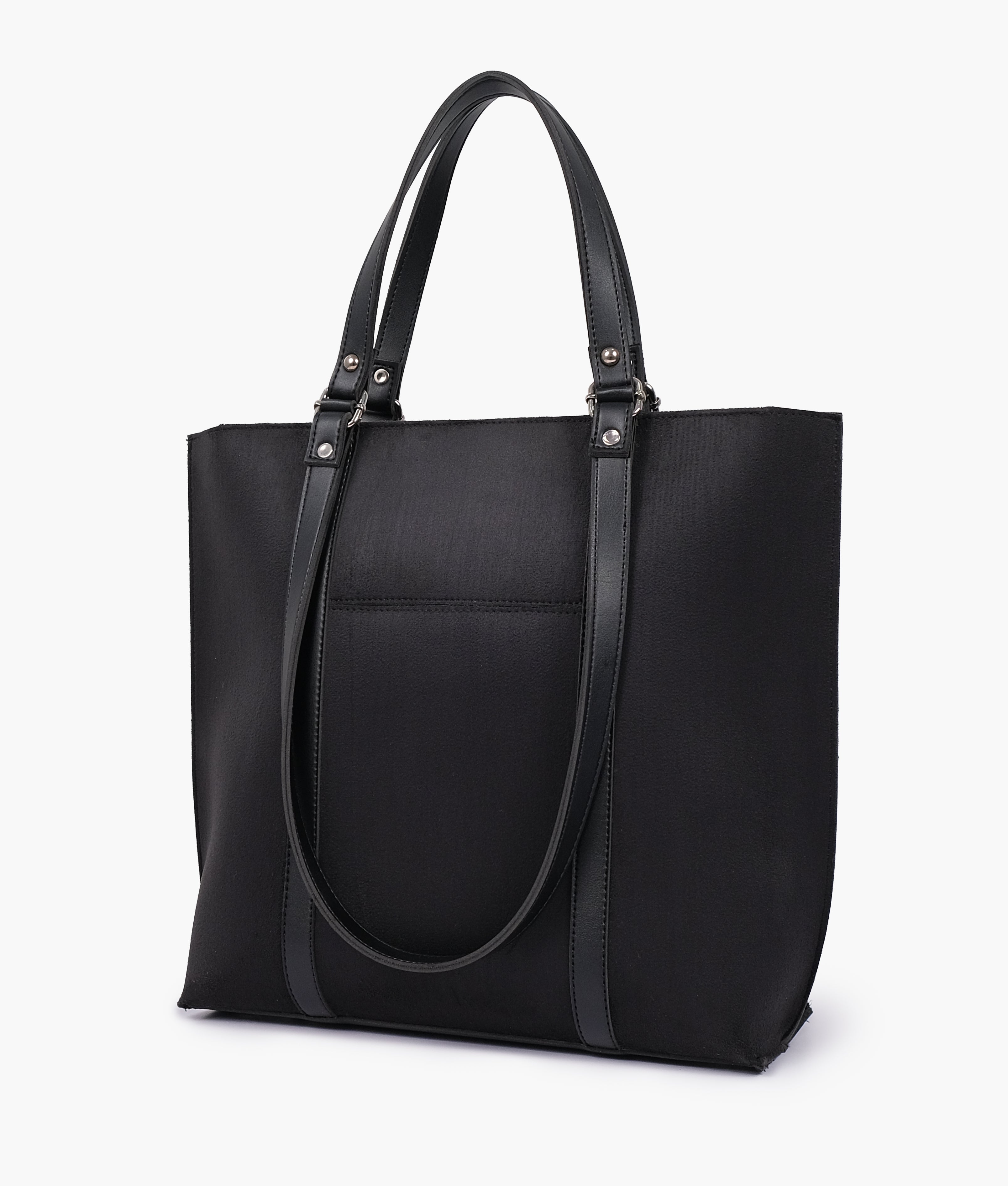 Black suede double-handle tote bag - quarter