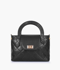 Black flap quilted bag with top handle