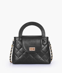 Black flap quilted bag with top handle